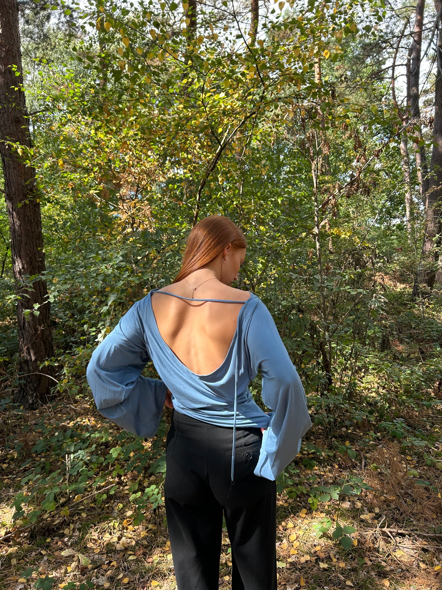 Top Wide Sleeves Tight Waist Blue