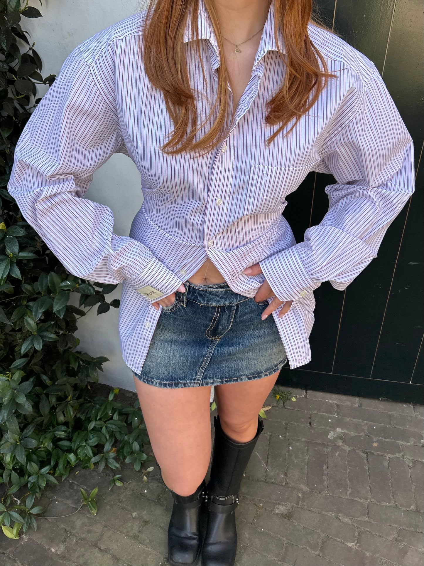 Reworked Blouse With An Adjustable Tight Waist Striped Red/Green
