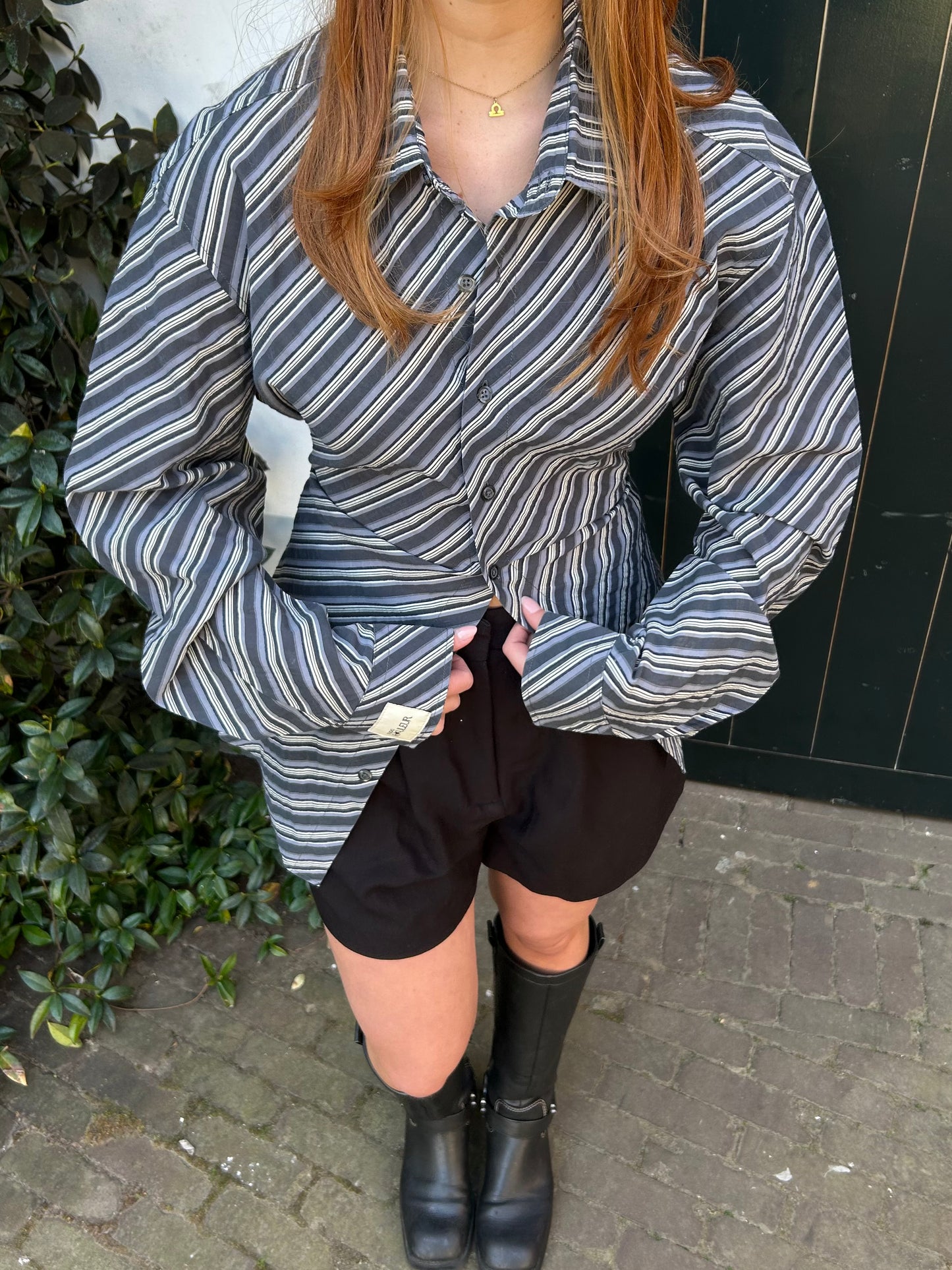 Reworked Blouse With An Adjustable Tight Waist Striped Dark Blue