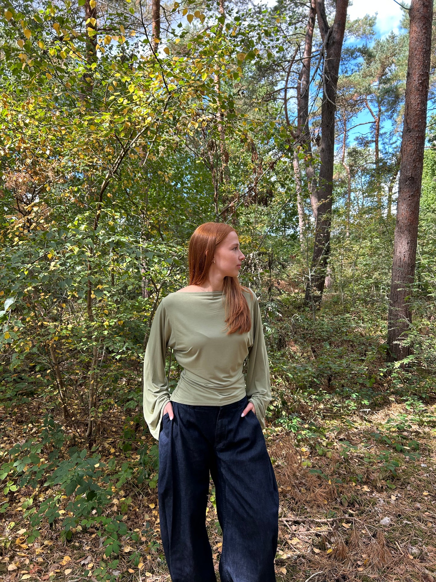 Top Wide Sleeves Tight Waist Green