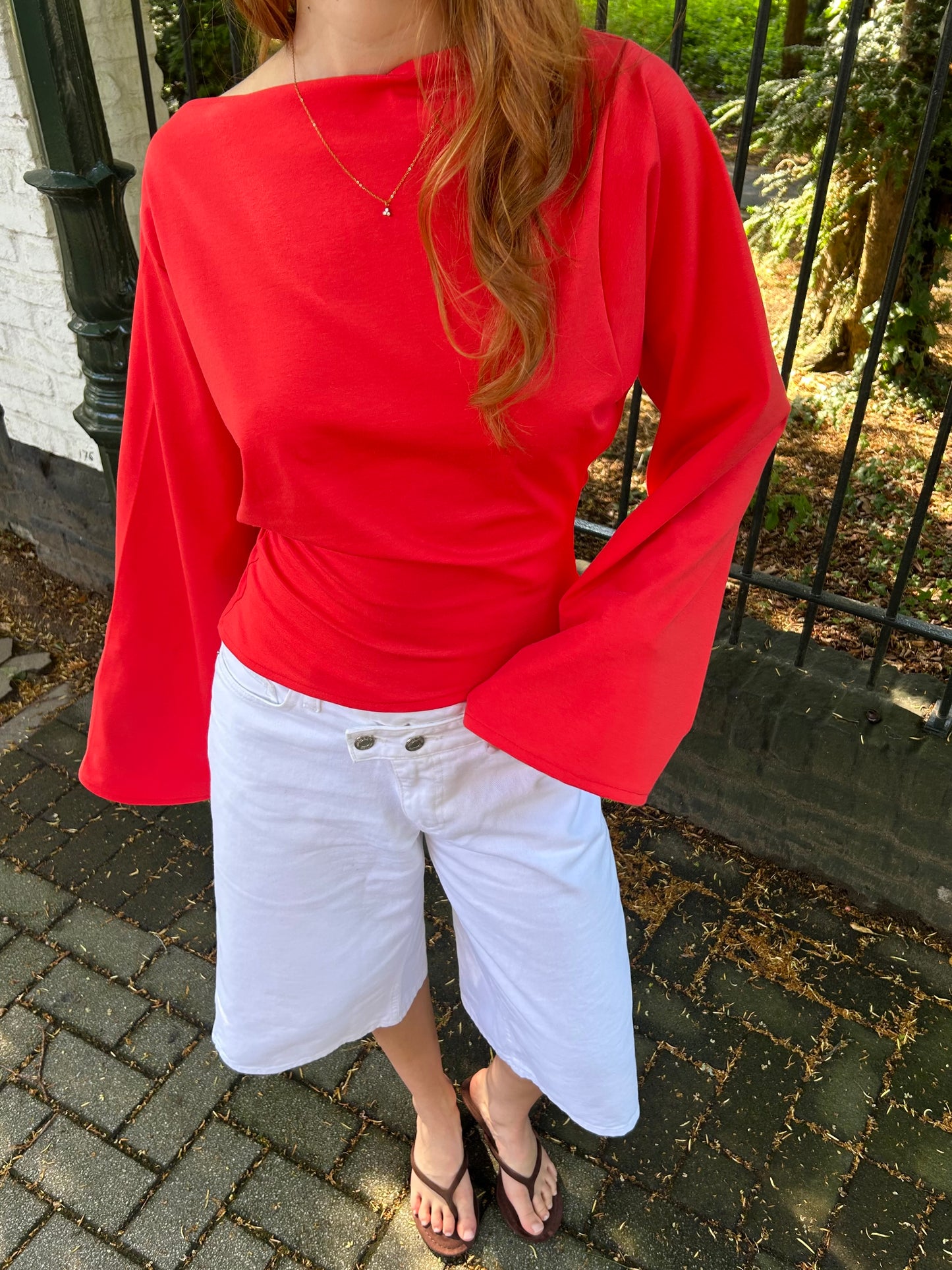 Top Wide Sleeves Tight Waist Coral