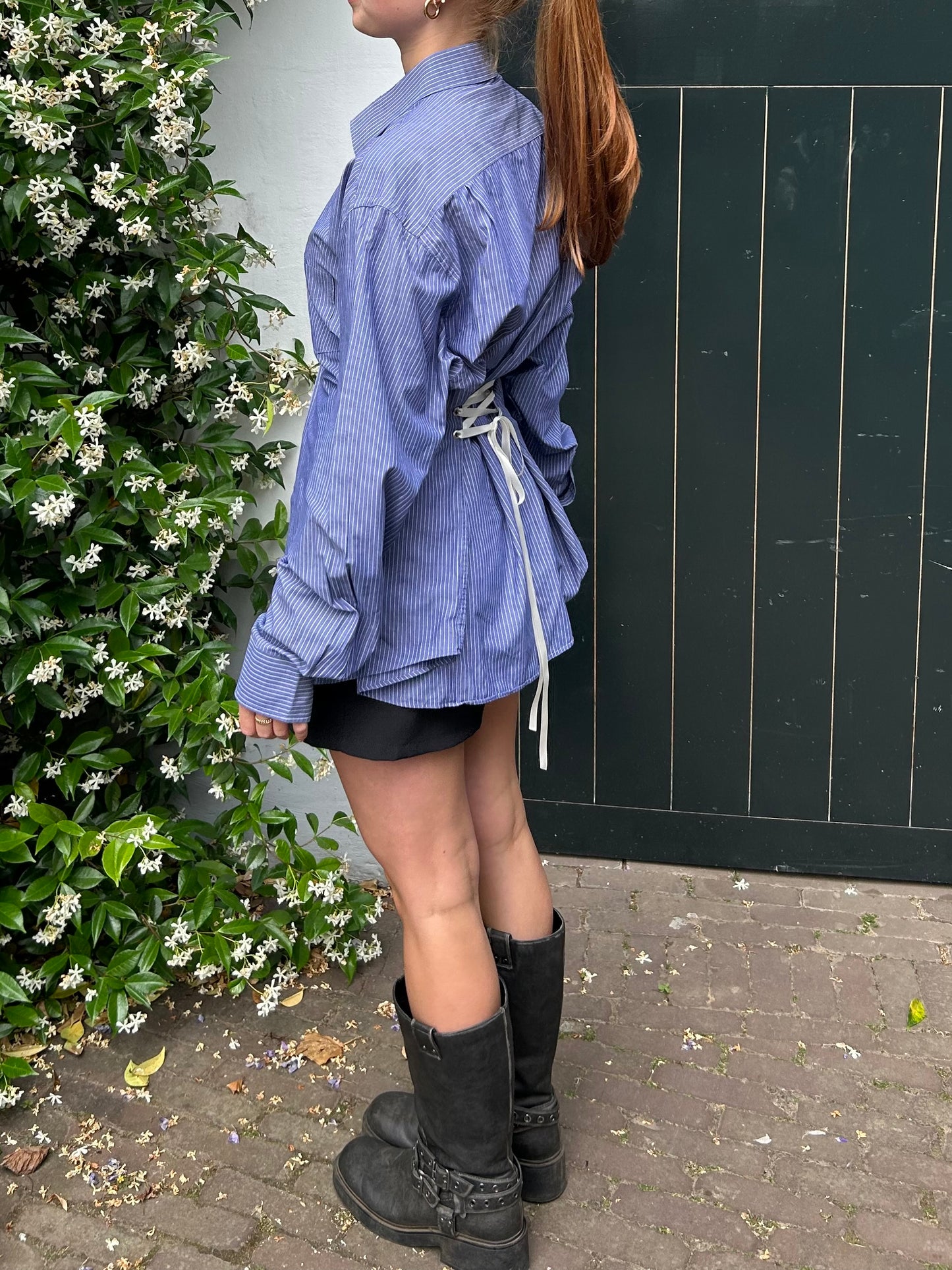 Reworked Blouse With An Adjustable Tight Waist Striped Blue