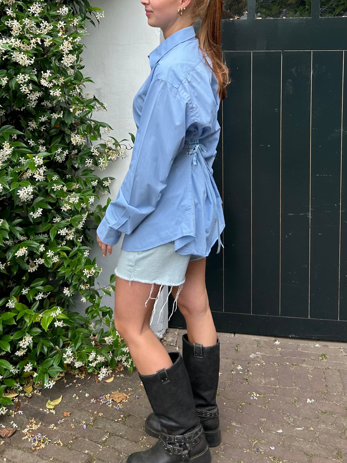 Reworked Blouse With An Adjustable Tight Waist Light Blue
