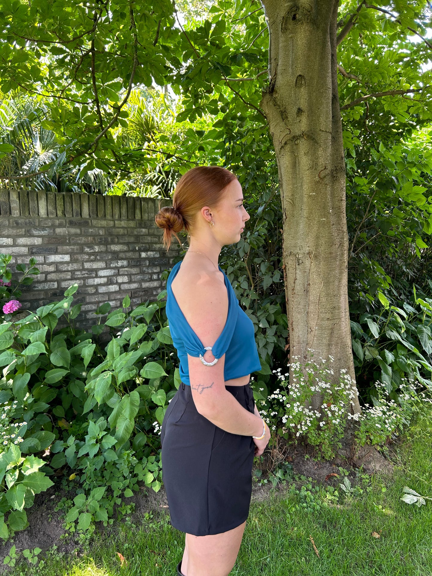 Asymatrical Blue Mesh Top With Silver Ring