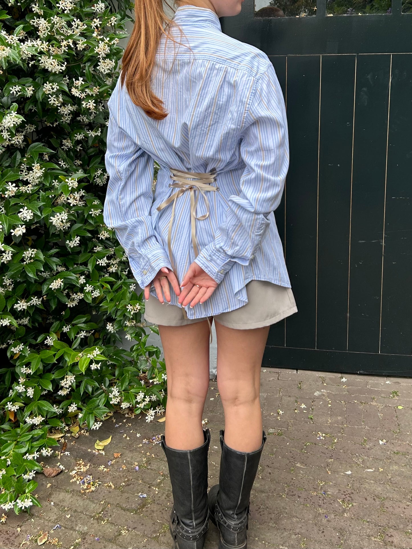 Reworked Blouse With An Adjustable Tight Waist Striped Blue Beige