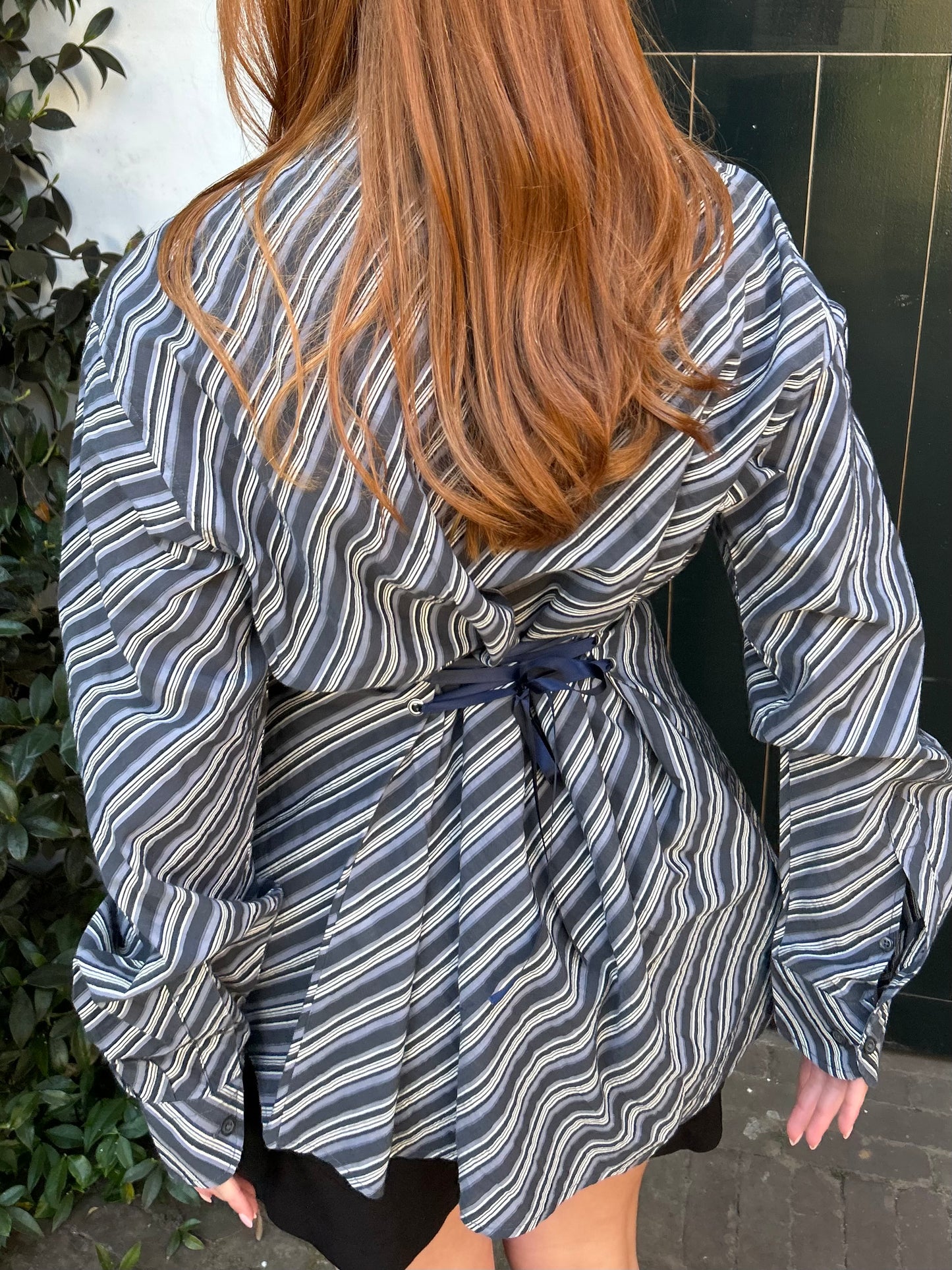 Reworked Blouse With An Adjustable Tight Waist Striped Dark Blue