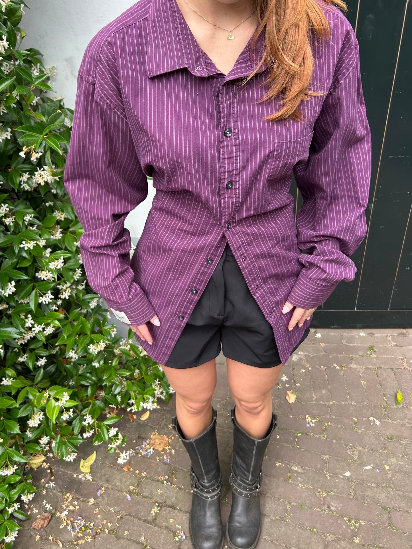 Reworked Blouse With An Adjustable Tight Waist Striped Purple