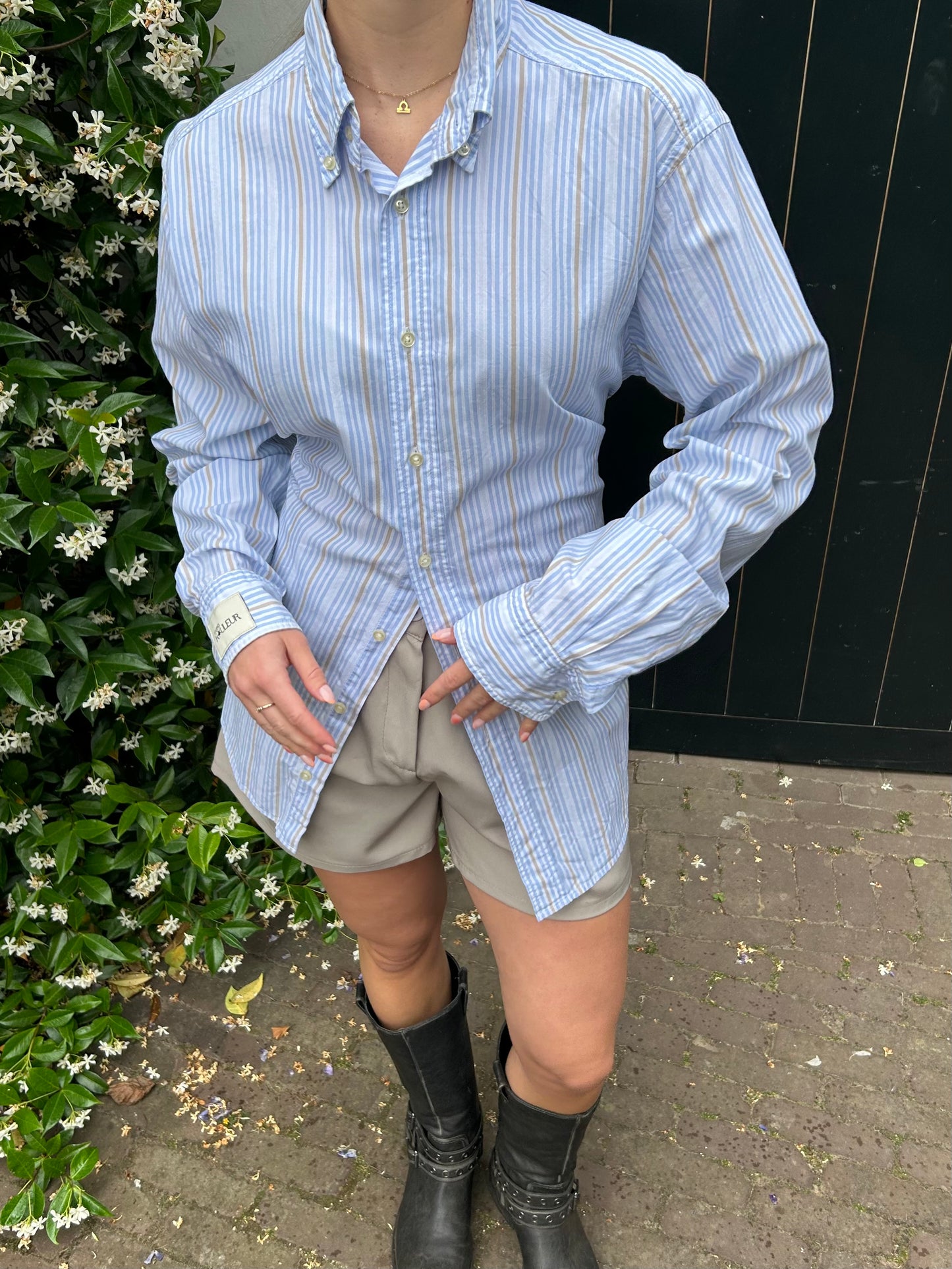 Reworked Blouse With An Adjustable Tight Waist Striped Blue Beige