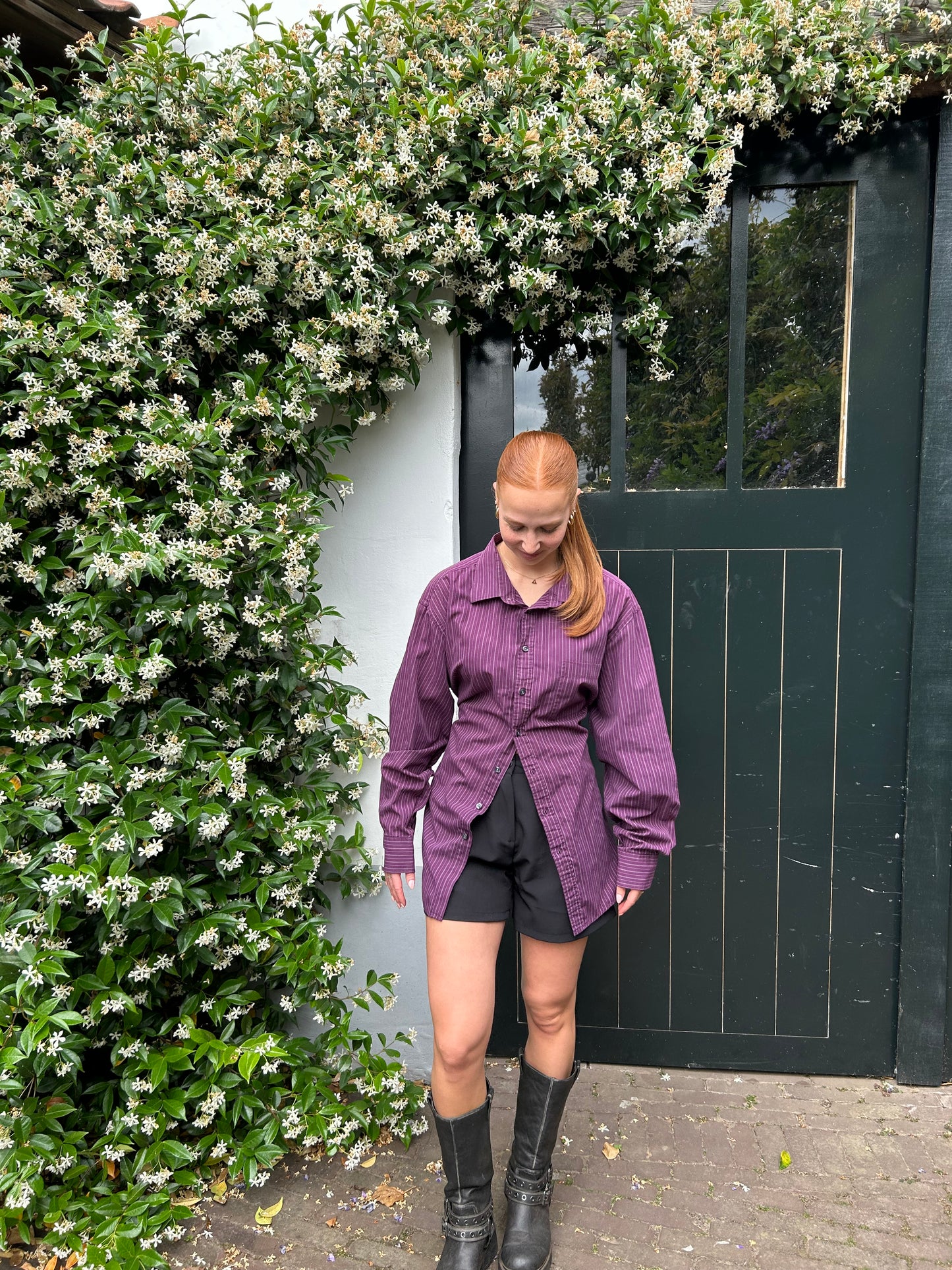 Reworked Blouse With An Adjustable Tight Waist Striped Purple