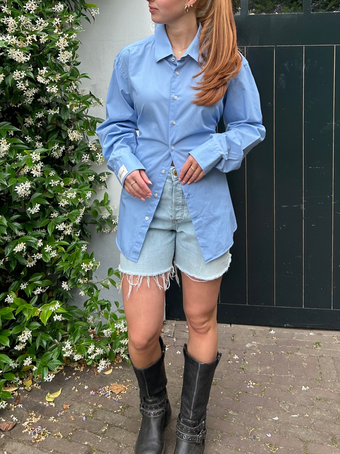 Reworked Blouse With An Adjustable Tight Waist Light Blue