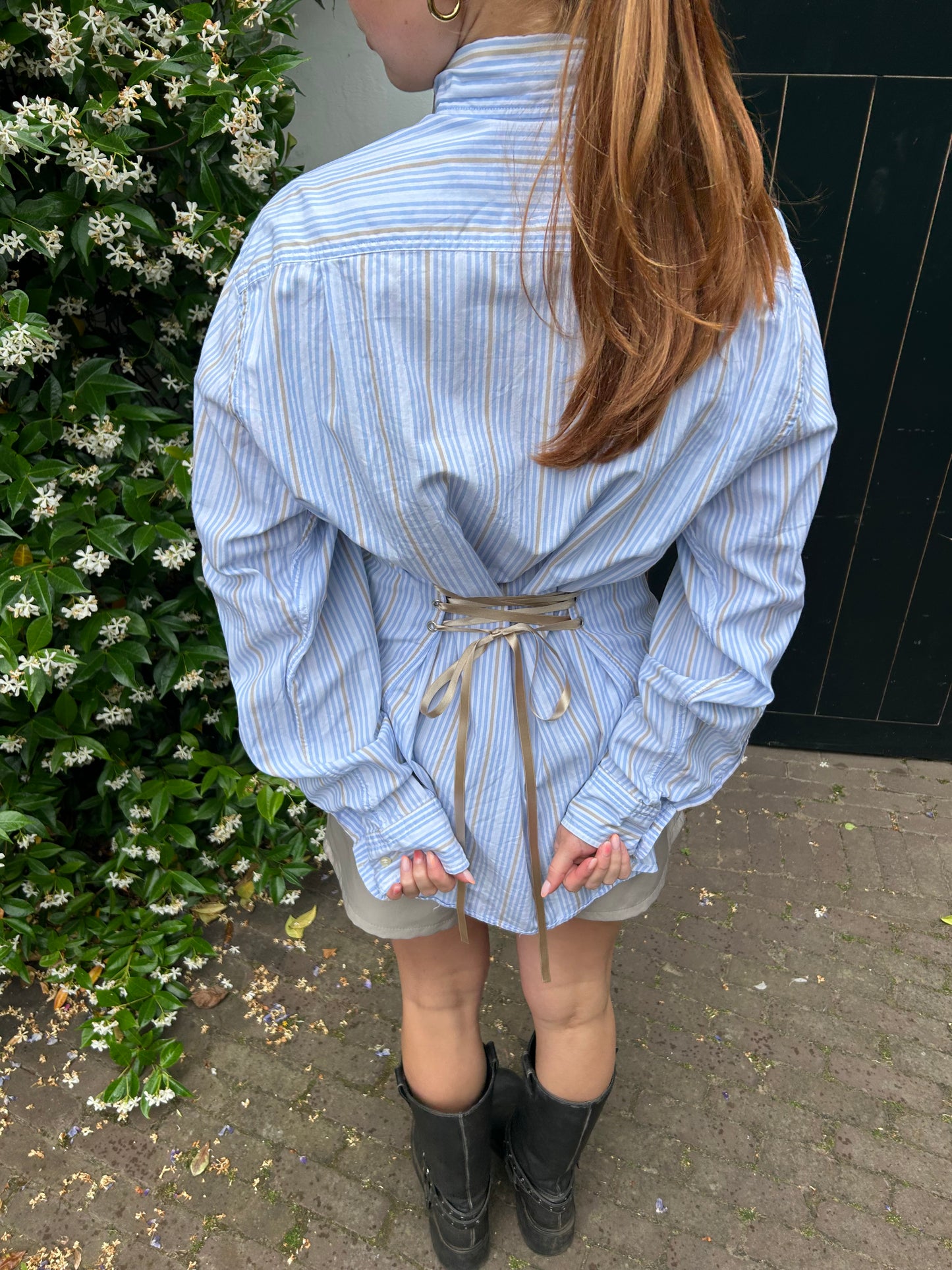 Reworked Blouse With An Adjustable Tight Waist Striped Blue Beige