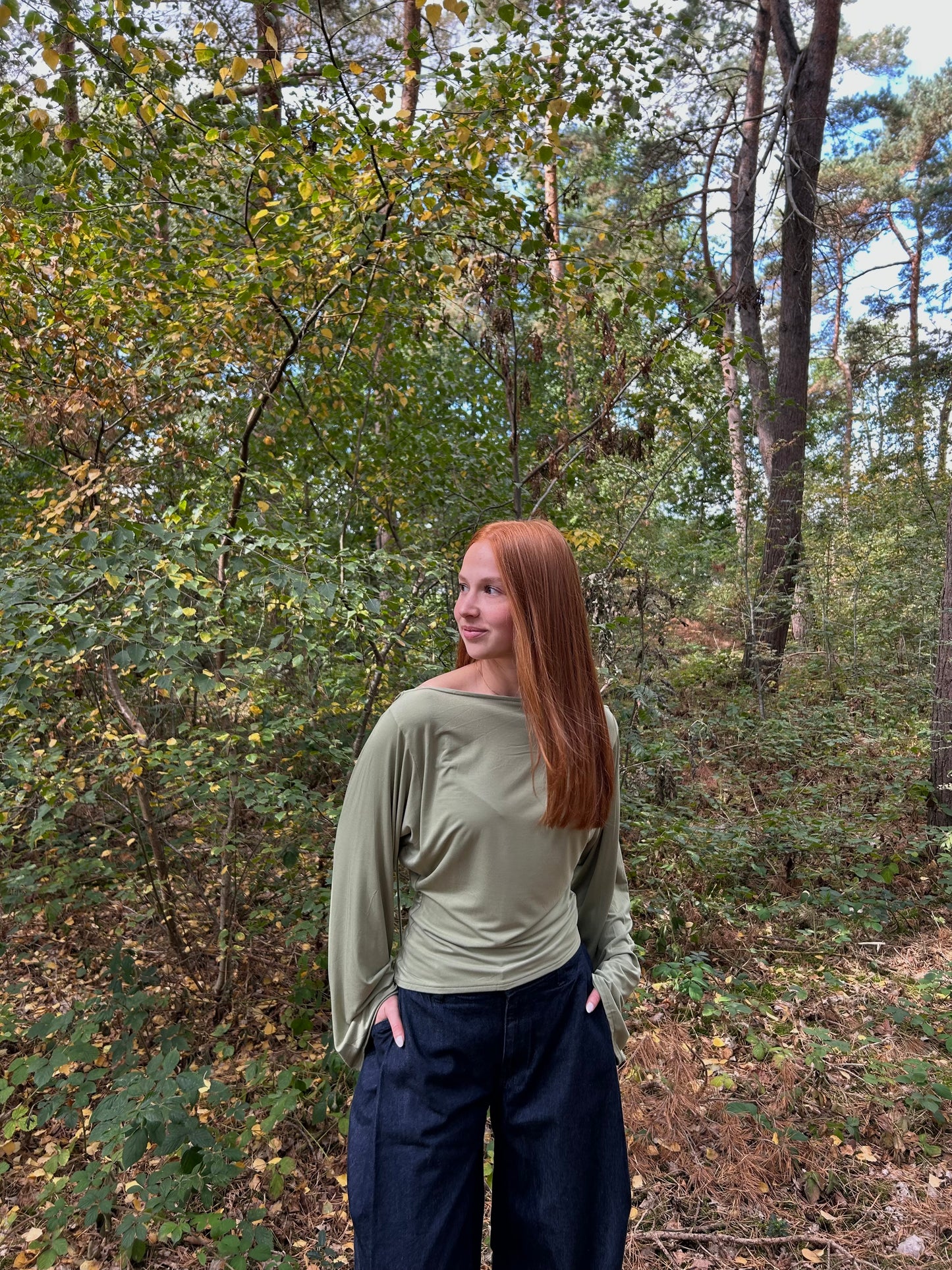 Top Wide Sleeves Tight Waist Green