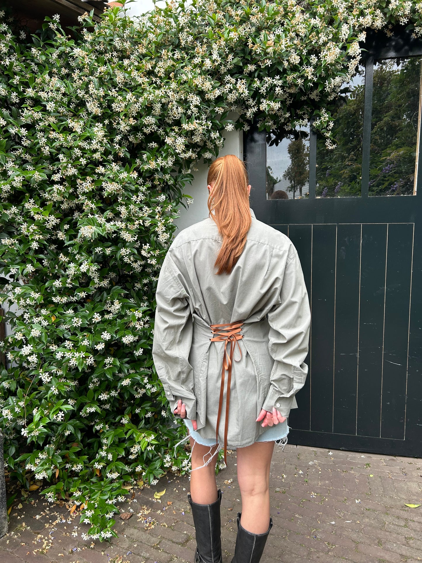 Reworked Blouse With An Adjustable Tight Waist Green Grey