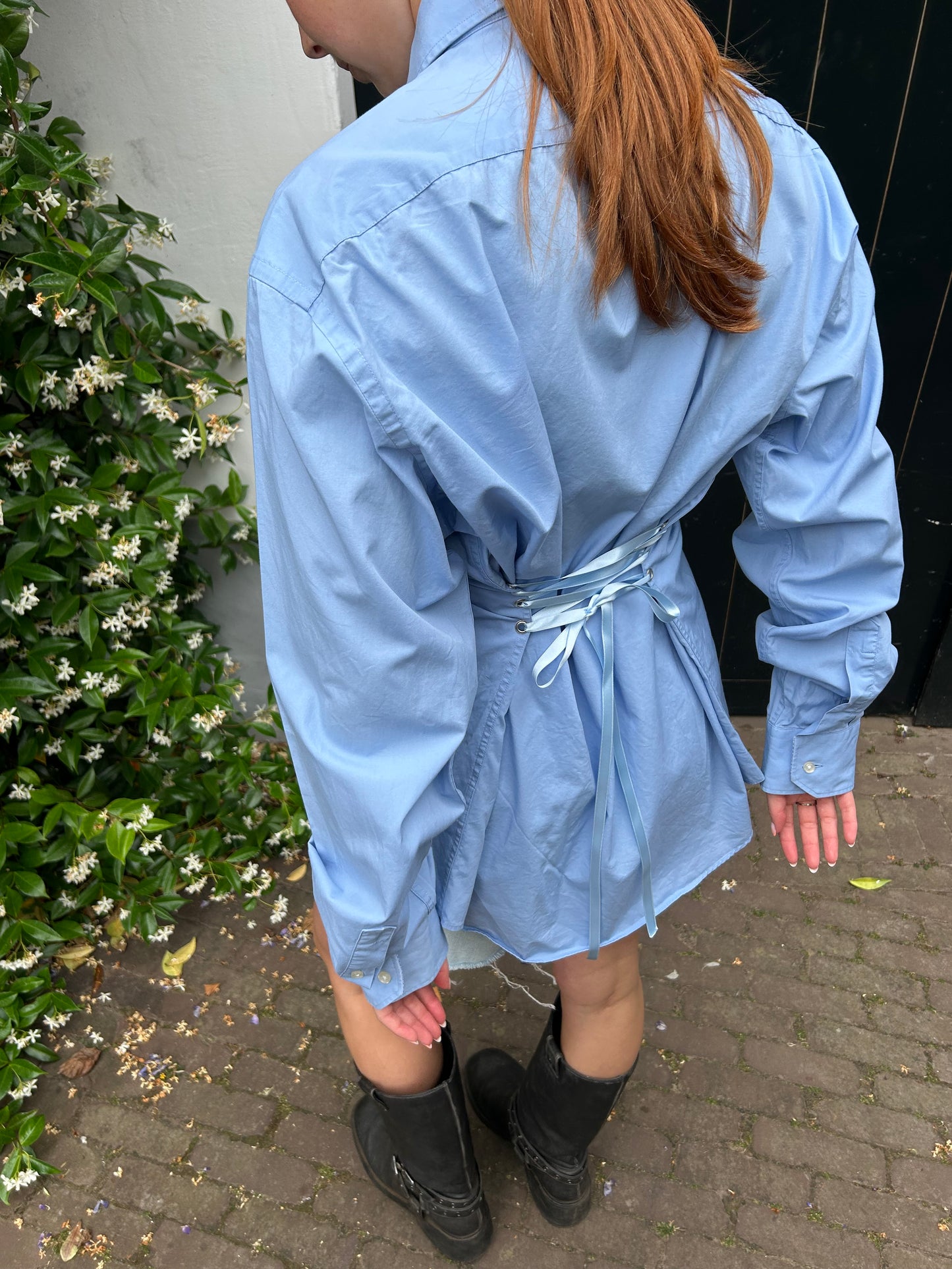 Reworked Blouse With An Adjustable Tight Waist Light Blue
