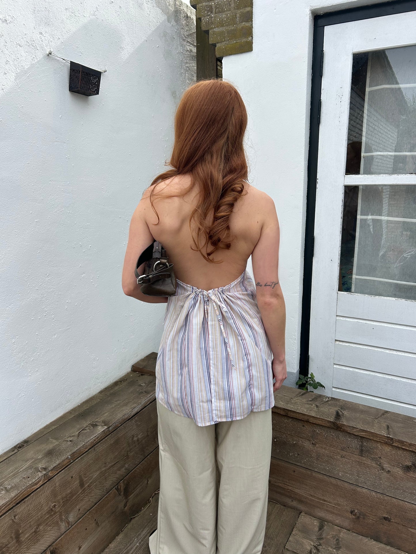 Reworked Backless Blouse Green Striped