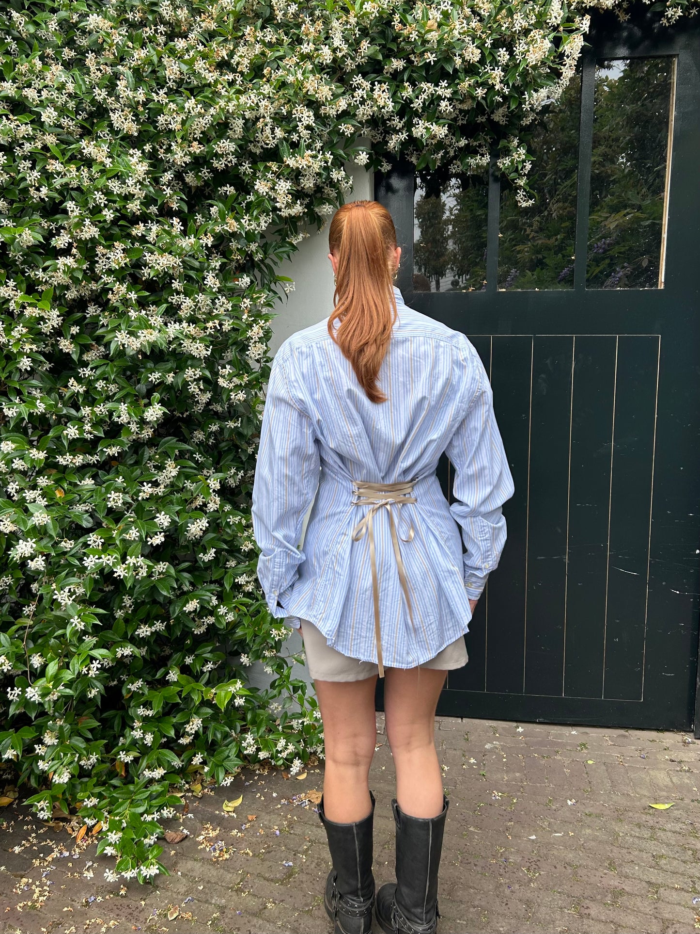 Reworked Blouse With An Adjustable Tight Waist Striped Blue Beige