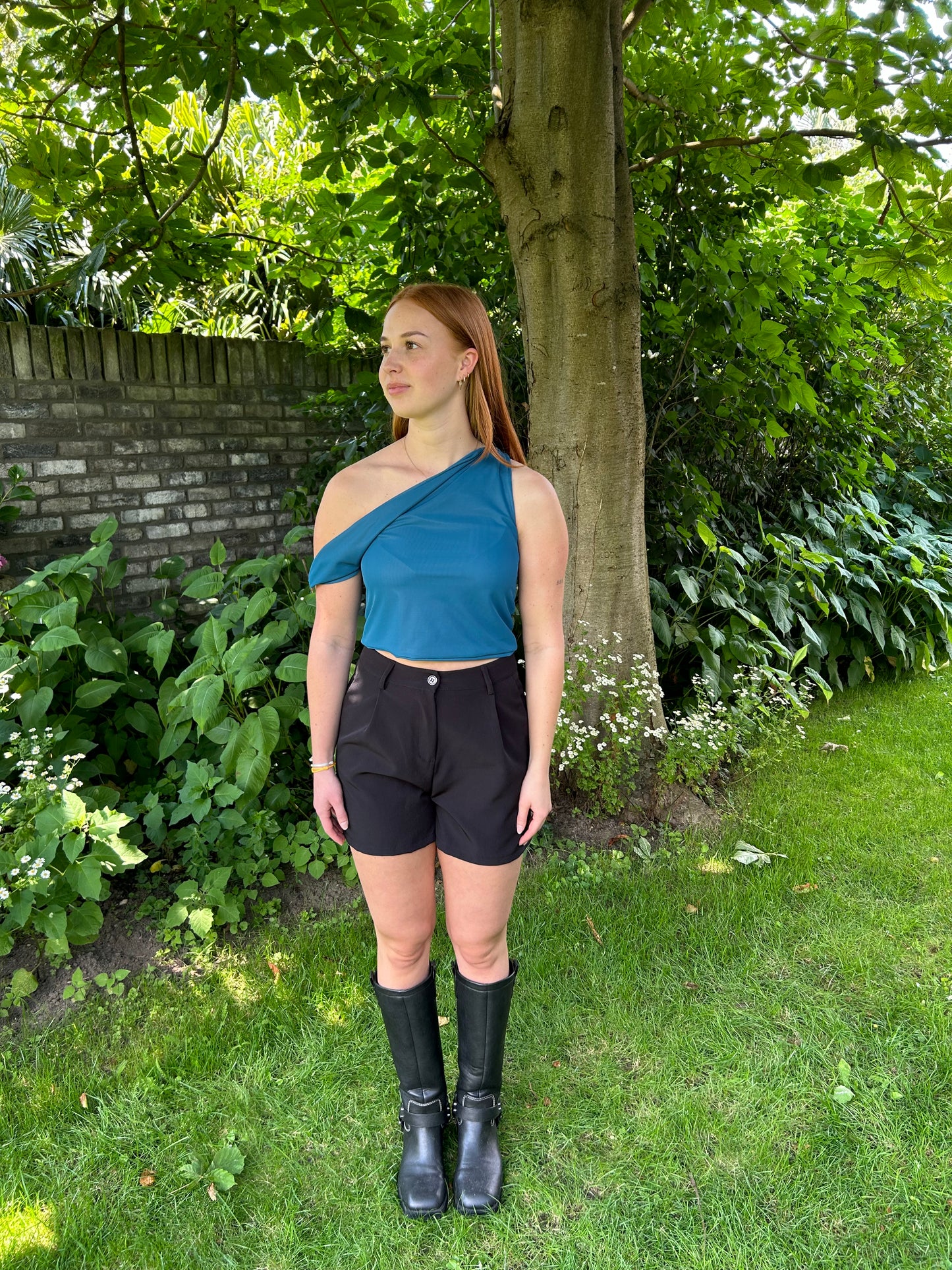 Asymatrical Blue Mesh Top With Silver Ring