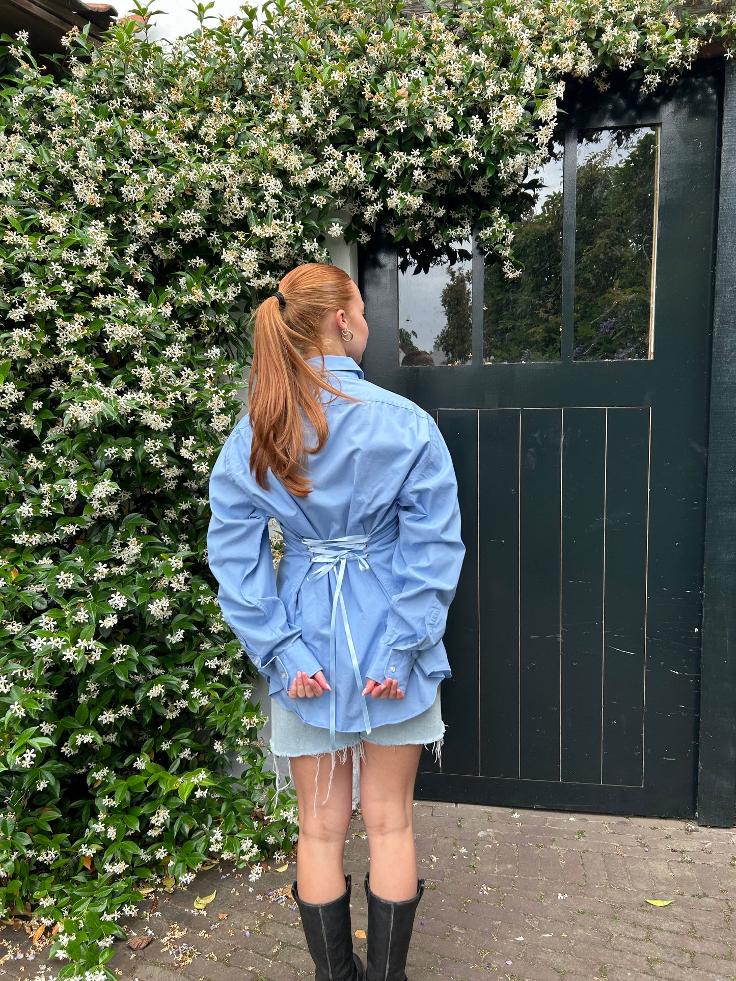 Reworked Blouse With An Adjustable Tight Waist Light Blue