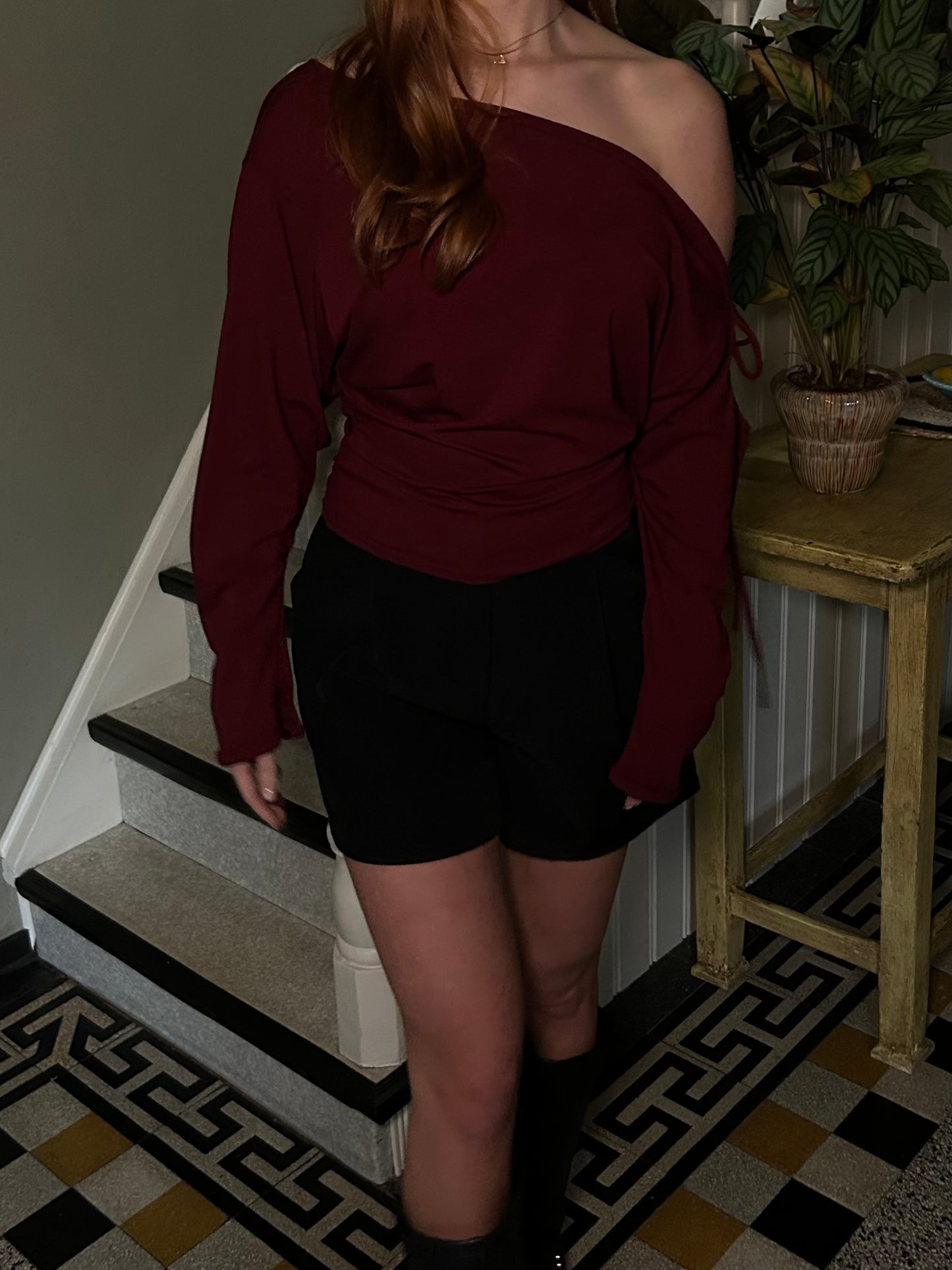 Top Off Shoulder With Bow Tight Waist Cherry