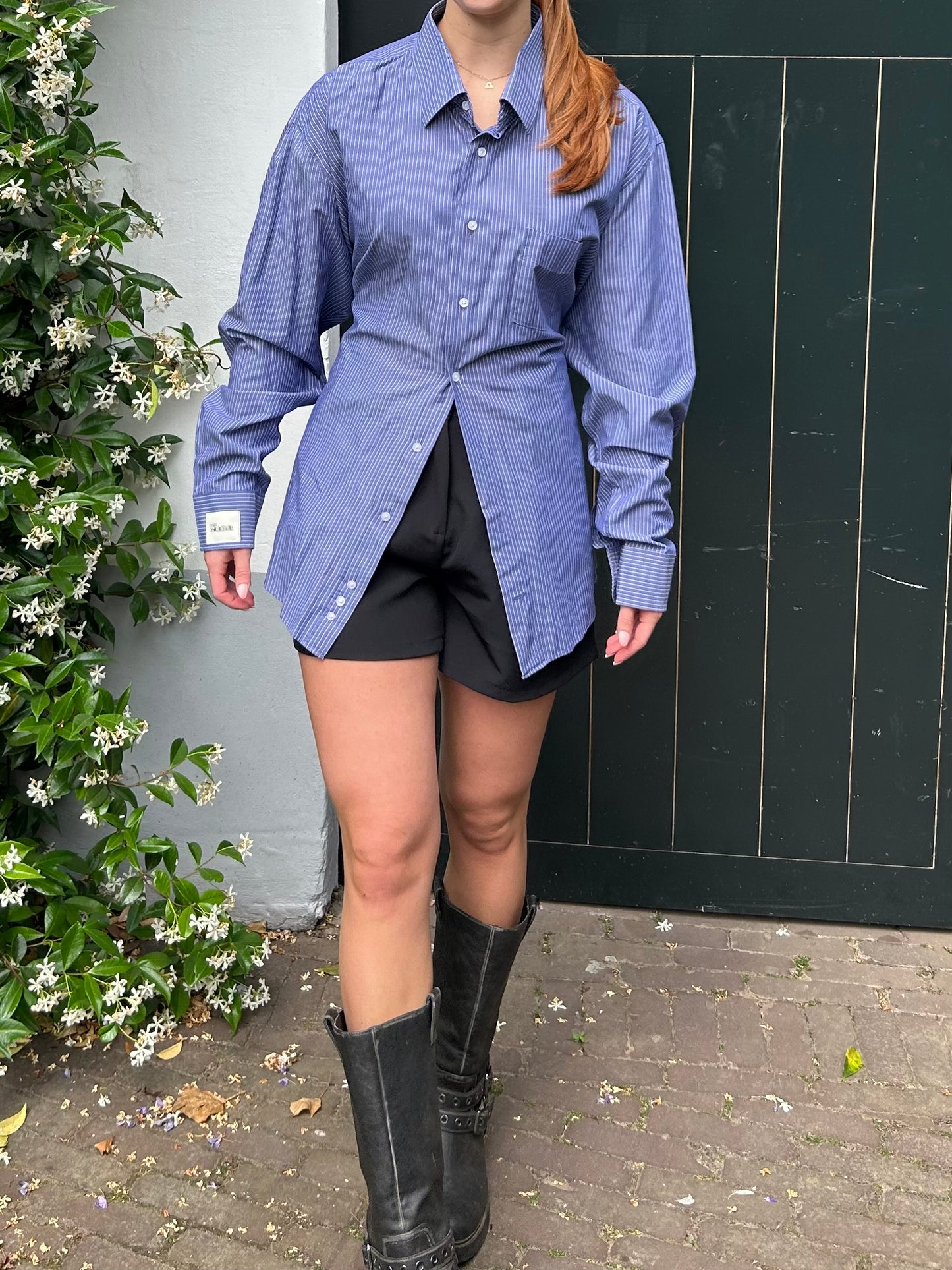 Reworked Blouse With An Adjustable Tight Waist Striped Blue