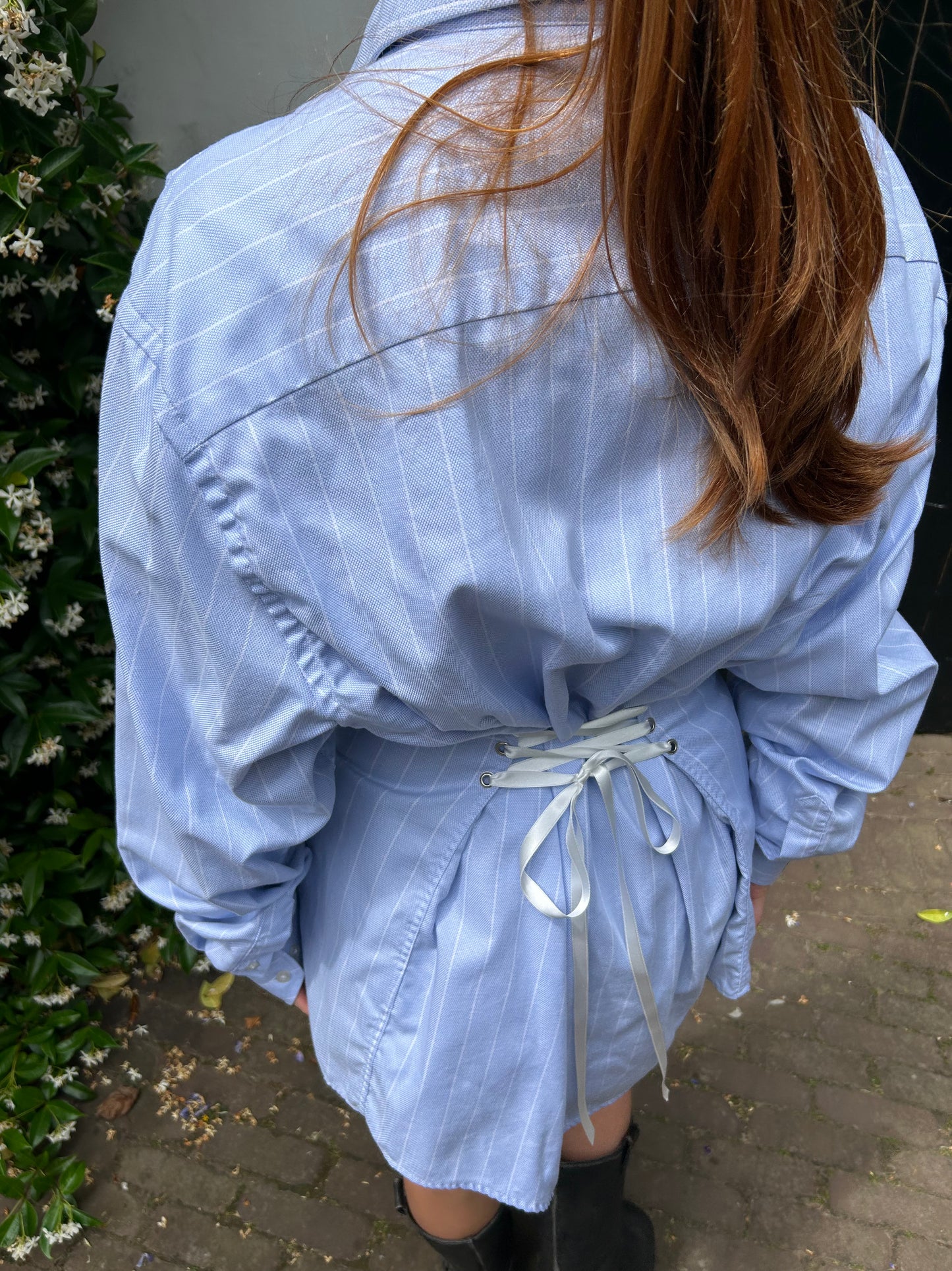 Reworked Blouse With An Adjustable Tight Waist Striped Blue