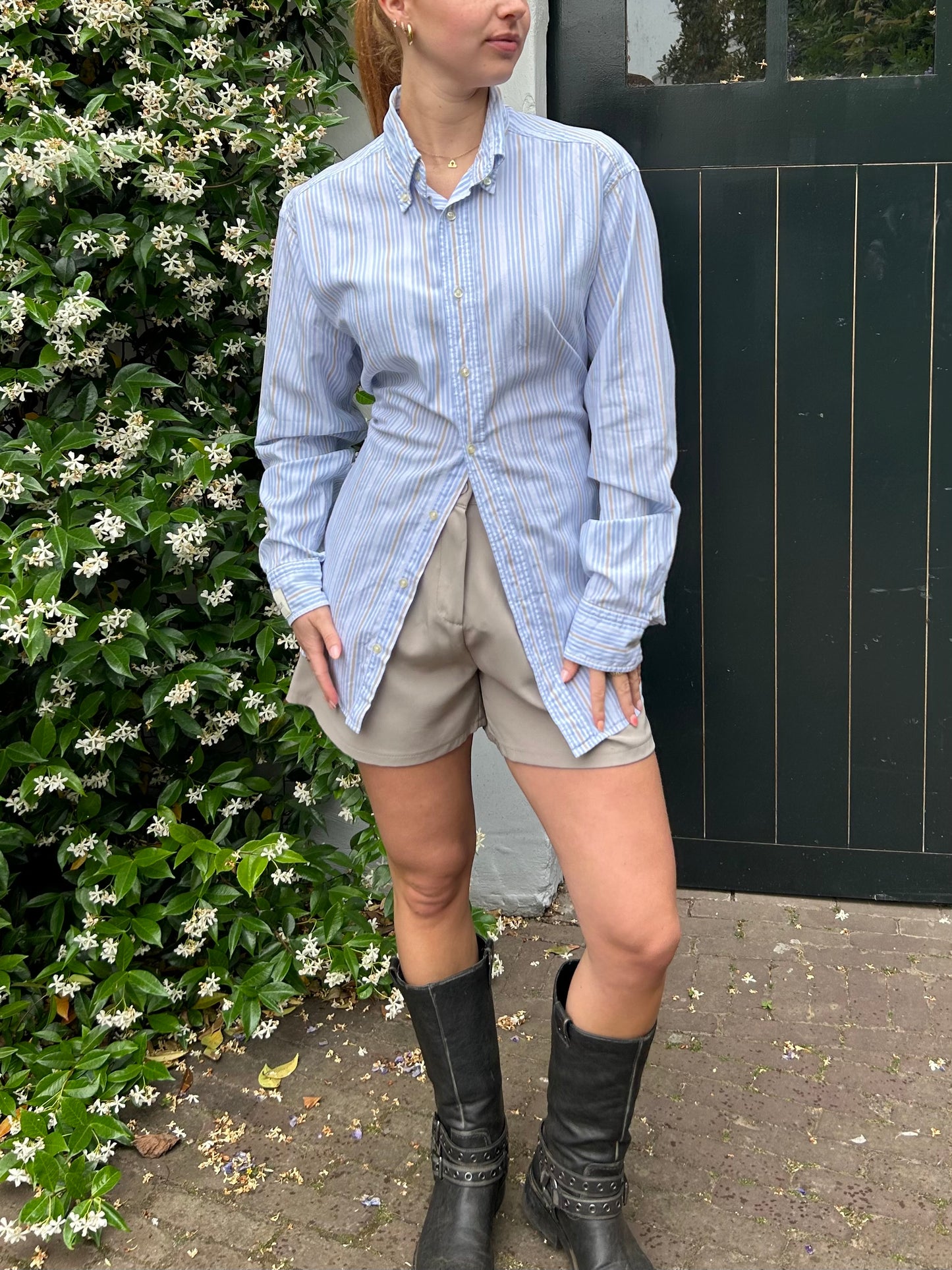 Reworked Blouse With An Adjustable Tight Waist Striped Blue Beige
