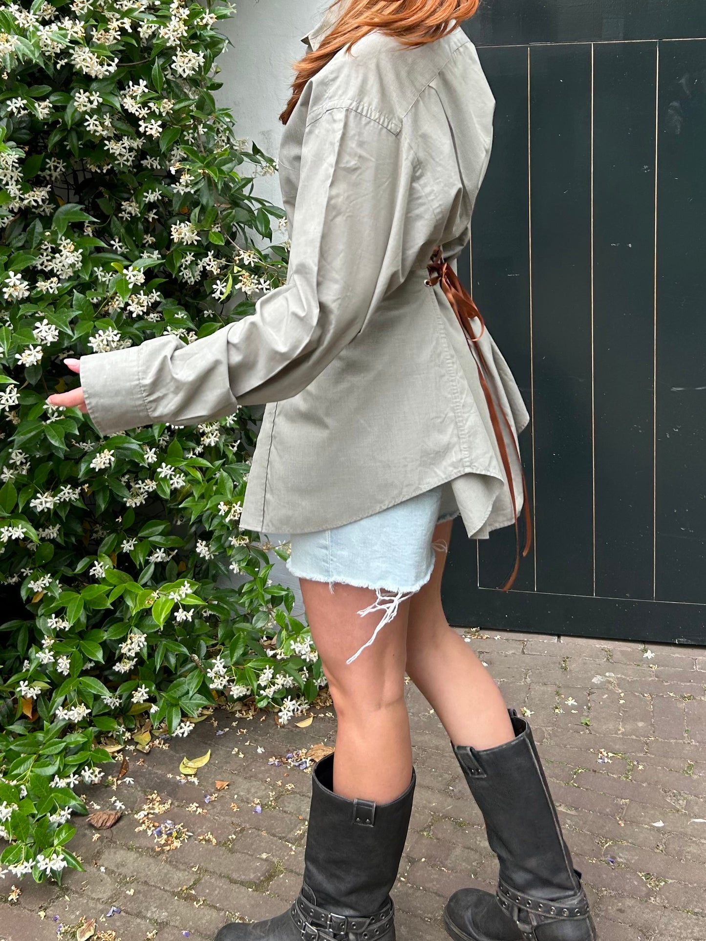 Reworked Blouse With An Adjustable Tight Waist Green Grey