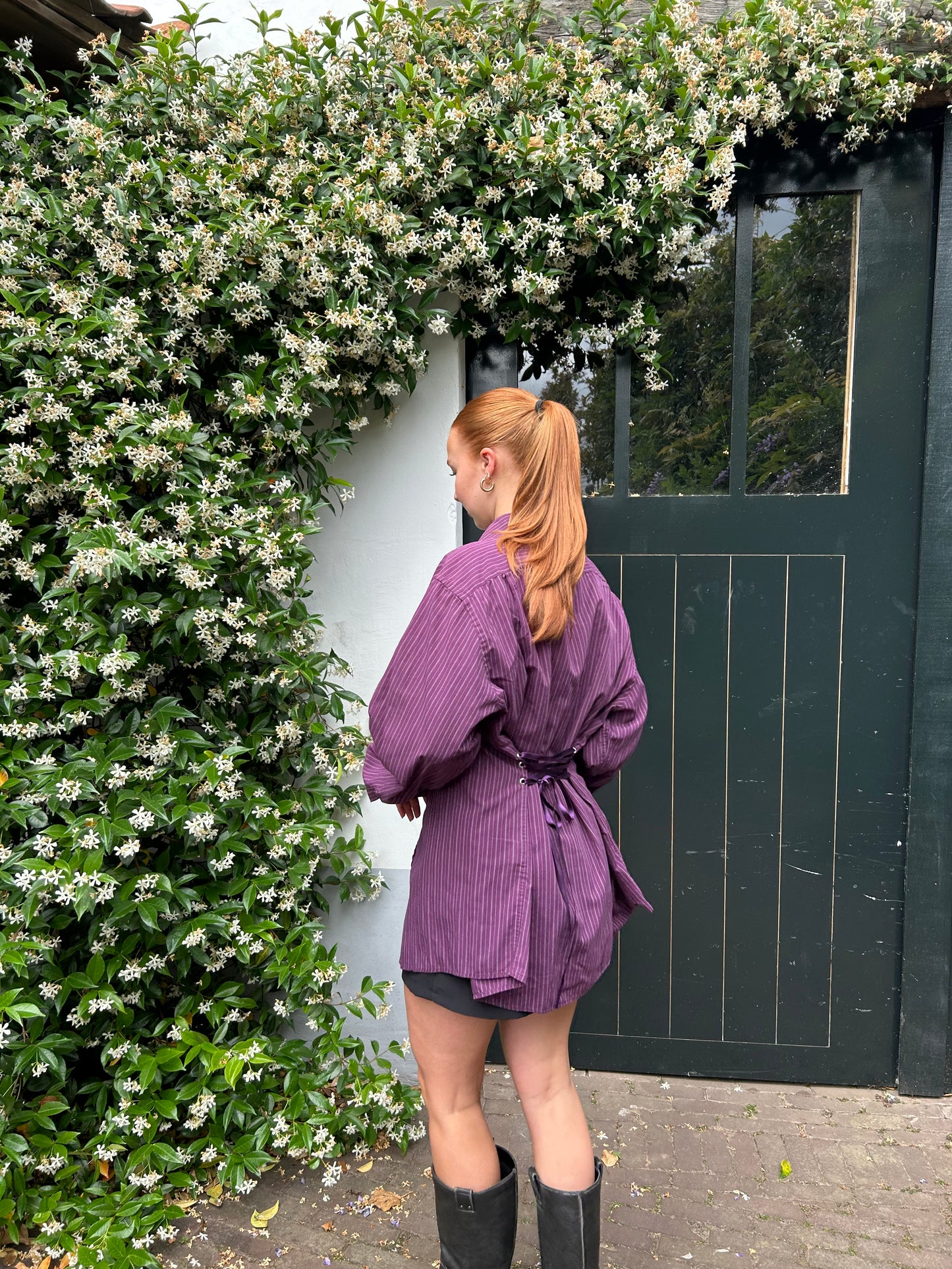 Reworked Blouse With An Adjustable Tight Waist Striped Purple