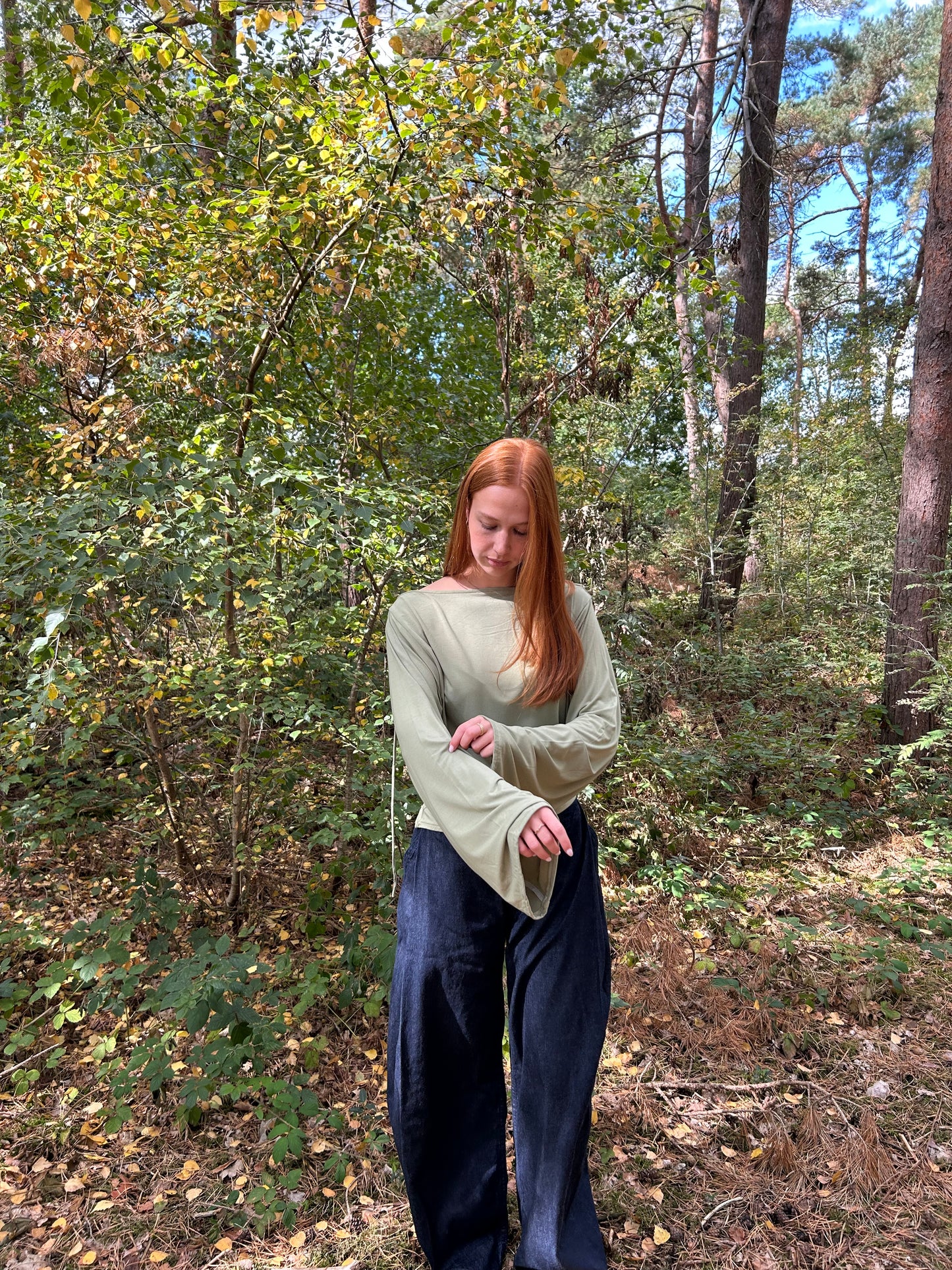 Top Wide Sleeves Tight Waist Green