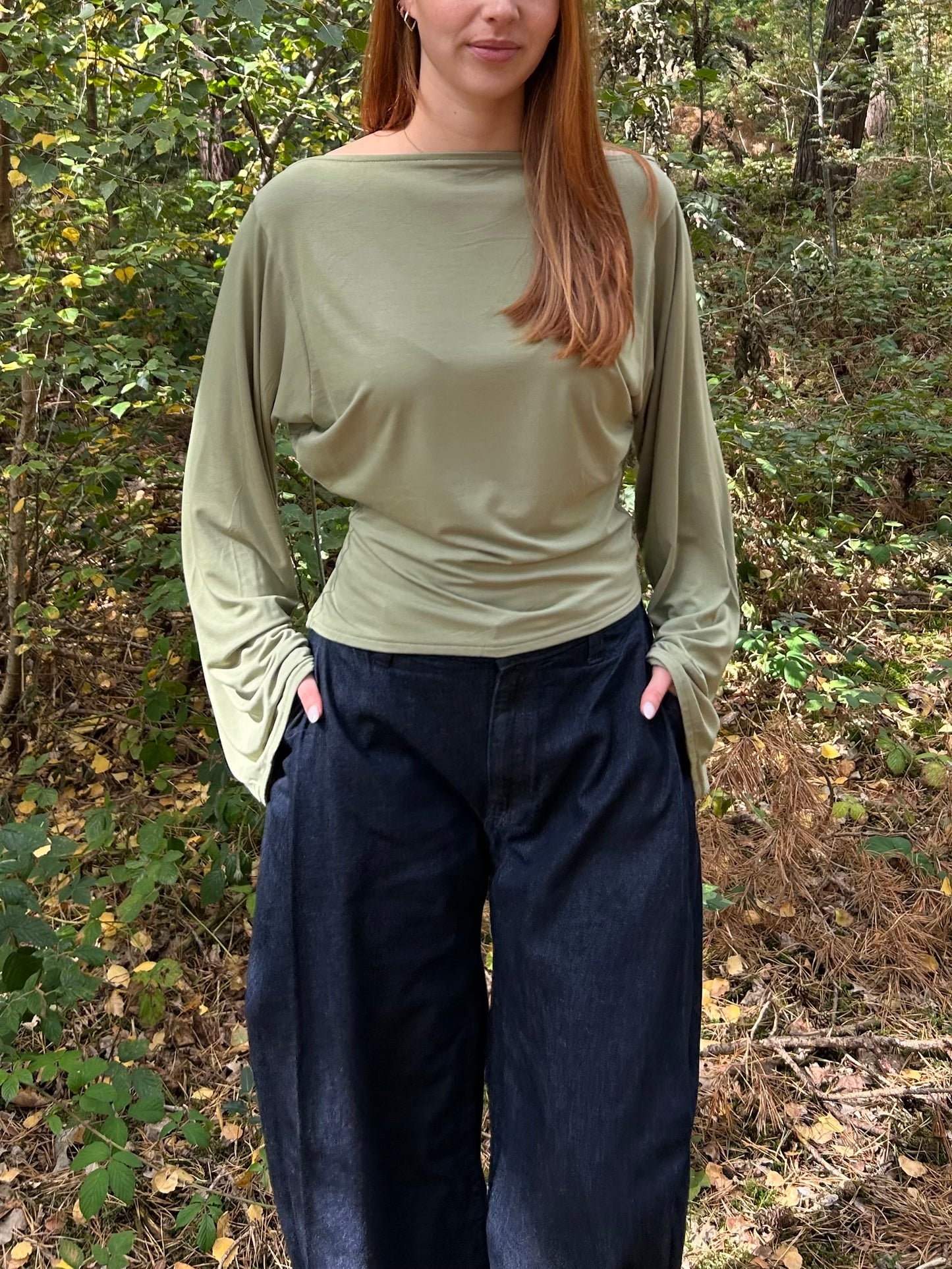 Top Wide Sleeves Tight Waist Green