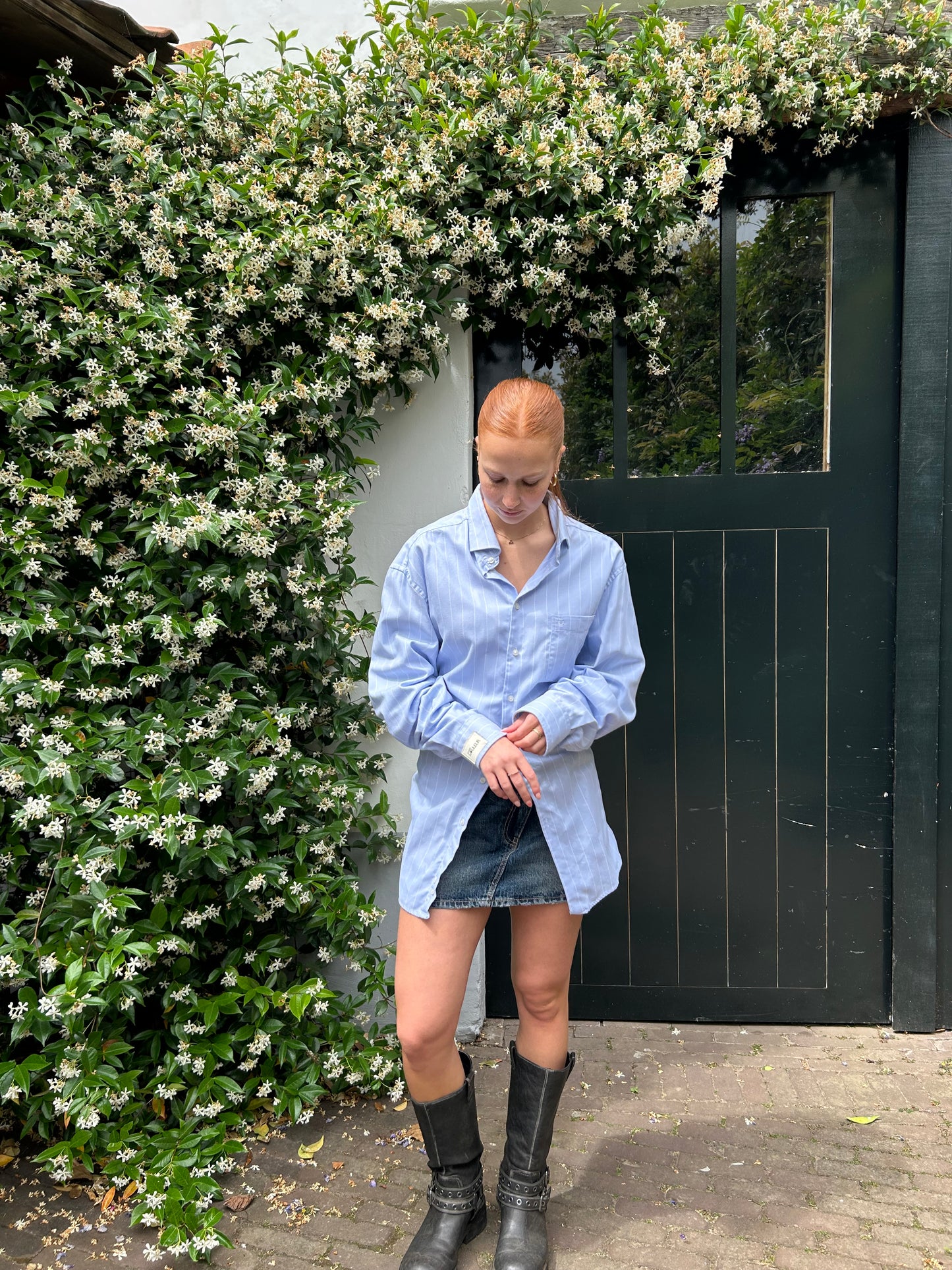 Reworked Blouse With An Adjustable Tight Waist Striped Blue