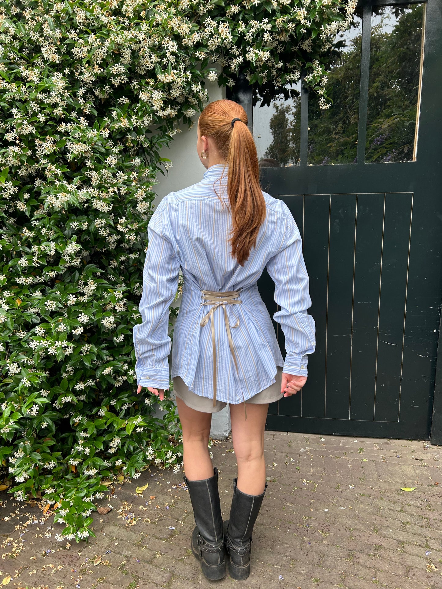 Reworked Blouse With An Adjustable Tight Waist Striped Blue Beige