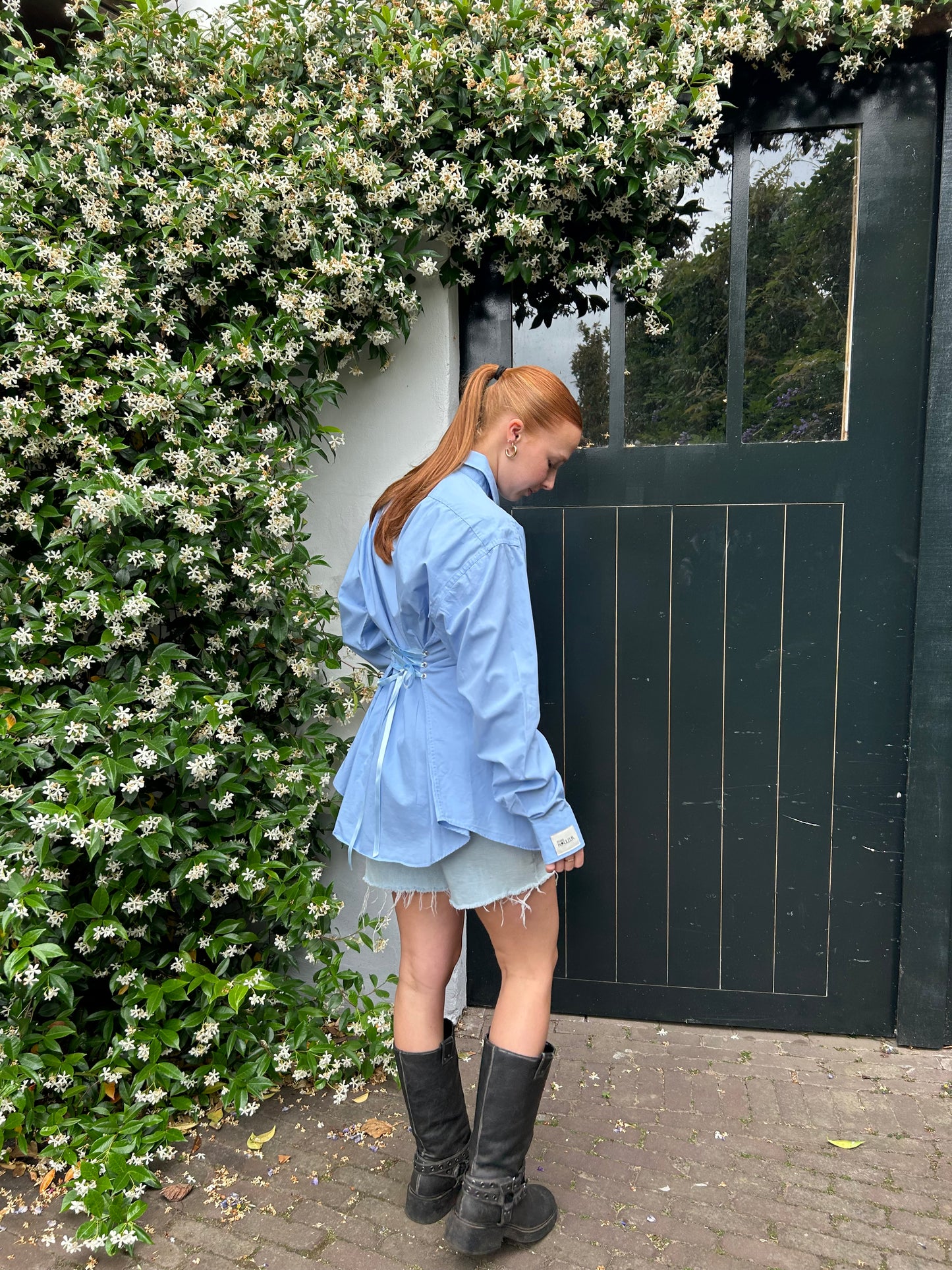 Reworked Blouse With An Adjustable Tight Waist Light Blue