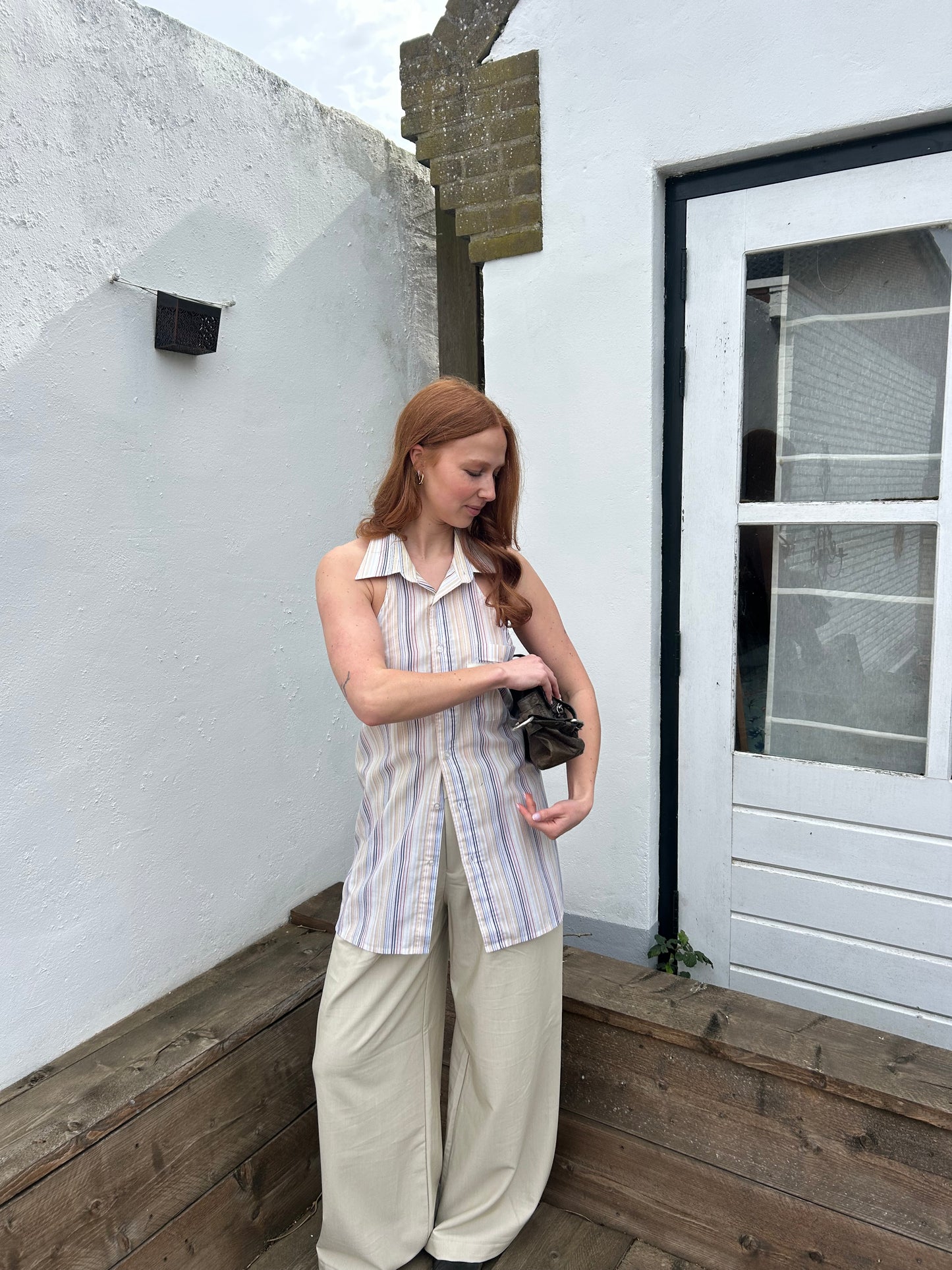 Reworked Backless Blouse Green Striped