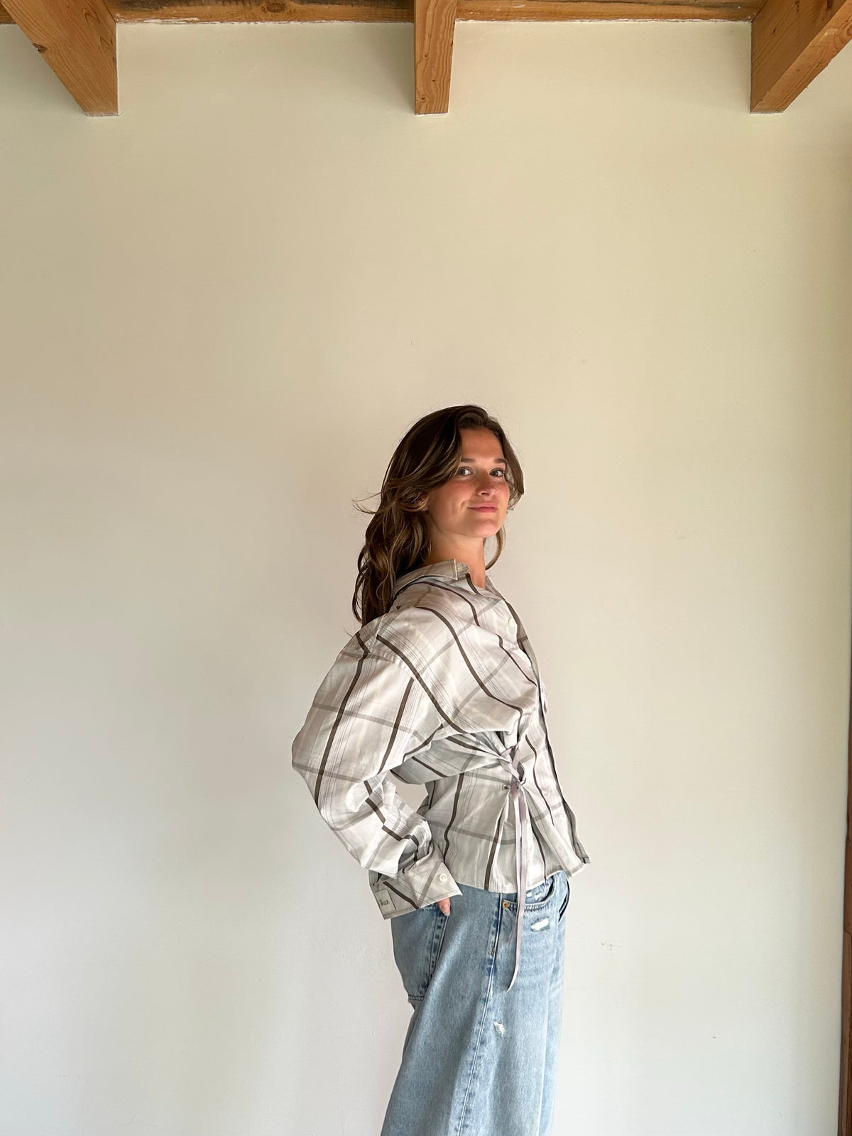 Reworked Blouse With Adjustable Straps Checkered Blue