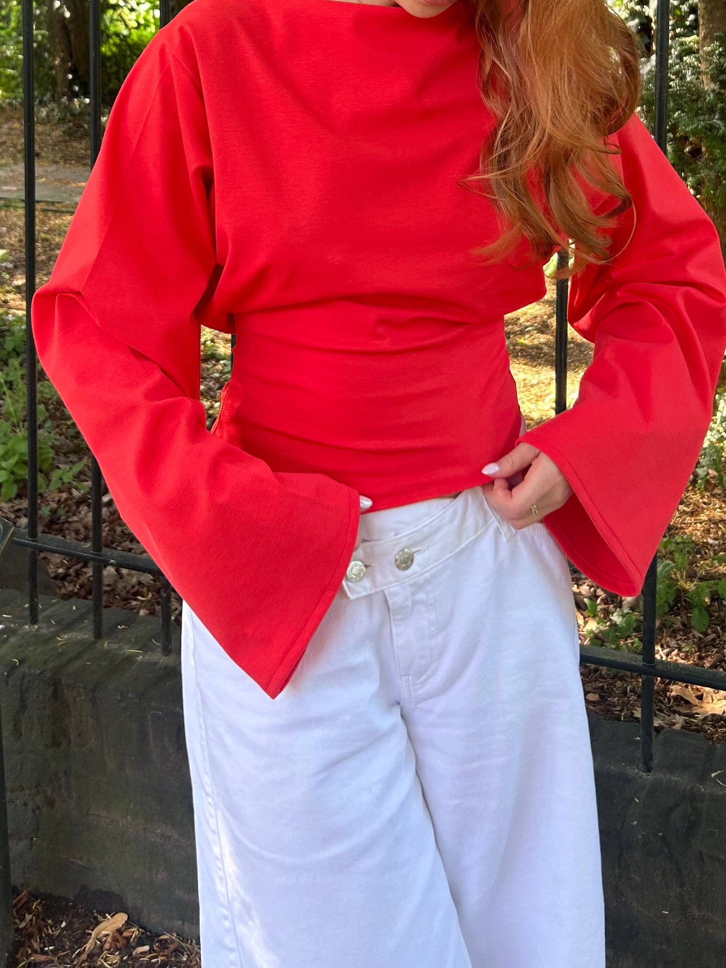 Top Wide Sleeves Tight Waist Coral