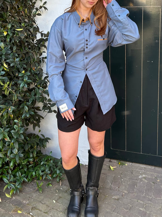 Reworked Blouse With An Adjustable Tight Waist Grey/Blue