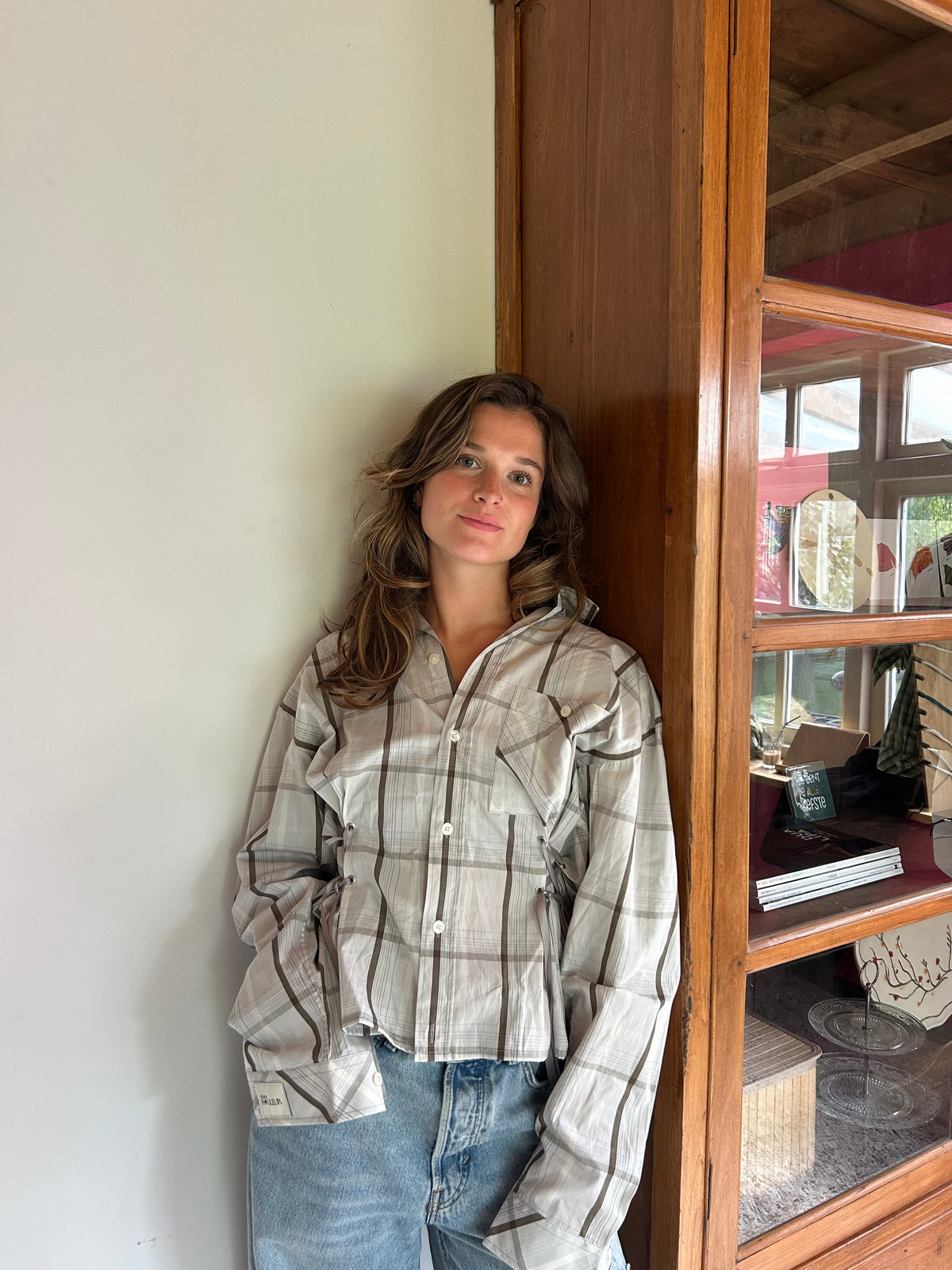Reworked Blouse With Adjustable Straps Checkered Blue