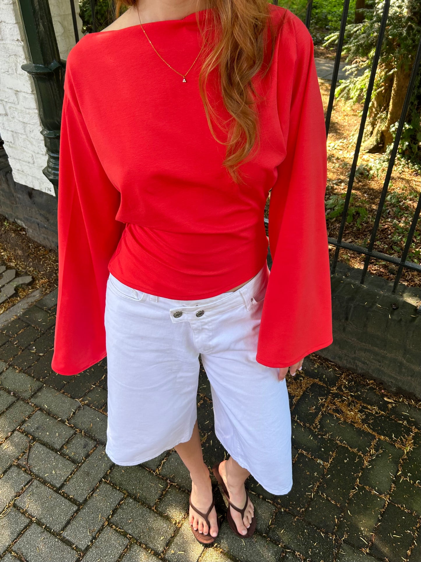 Top Wide Sleeves Tight Waist Coral