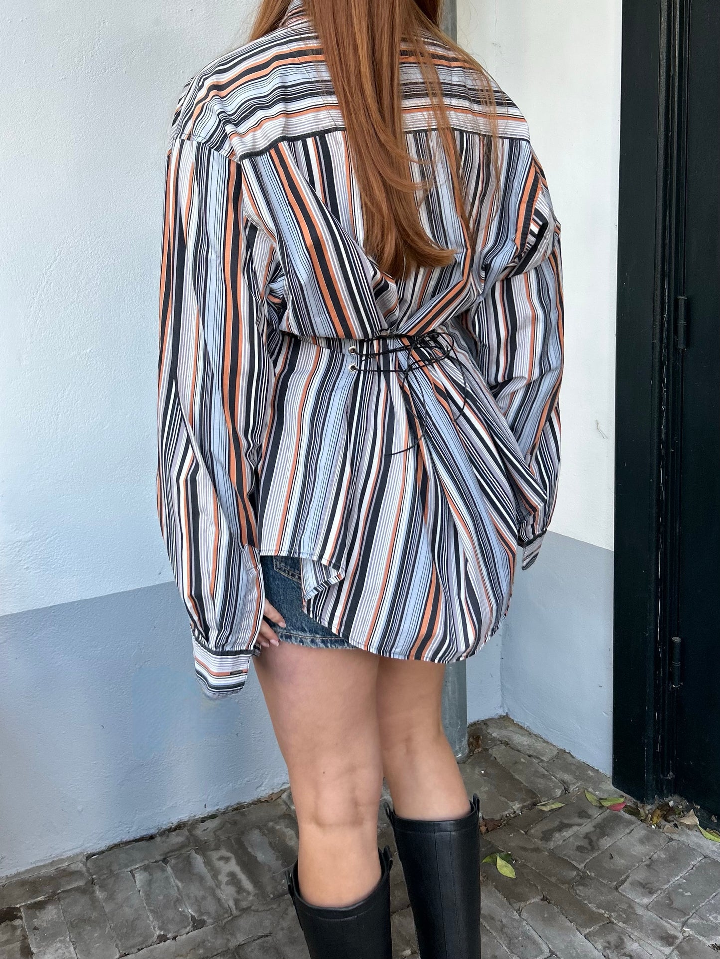 Blouse With An Adjustable Tight Waist Striped Orange