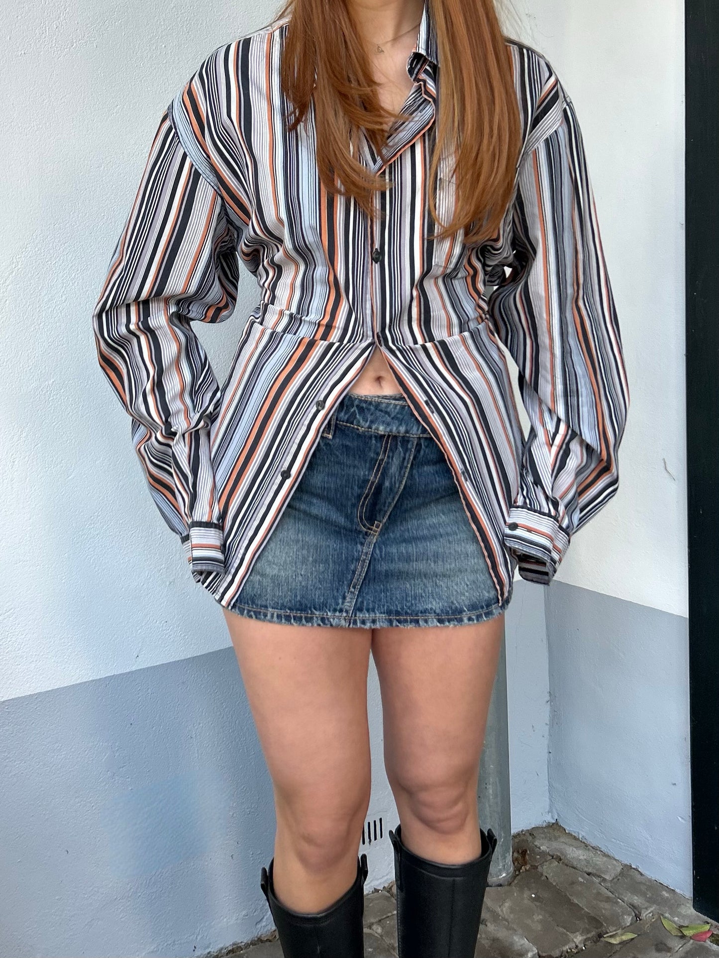Blouse With An Adjustable Tight Waist Striped Orange