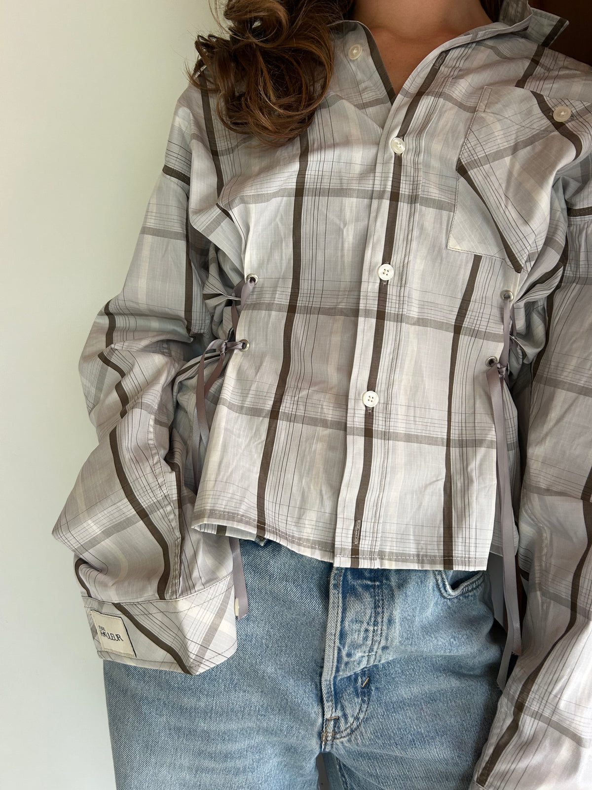 Reworked Blouse With Adjustable Straps Checkered Blue