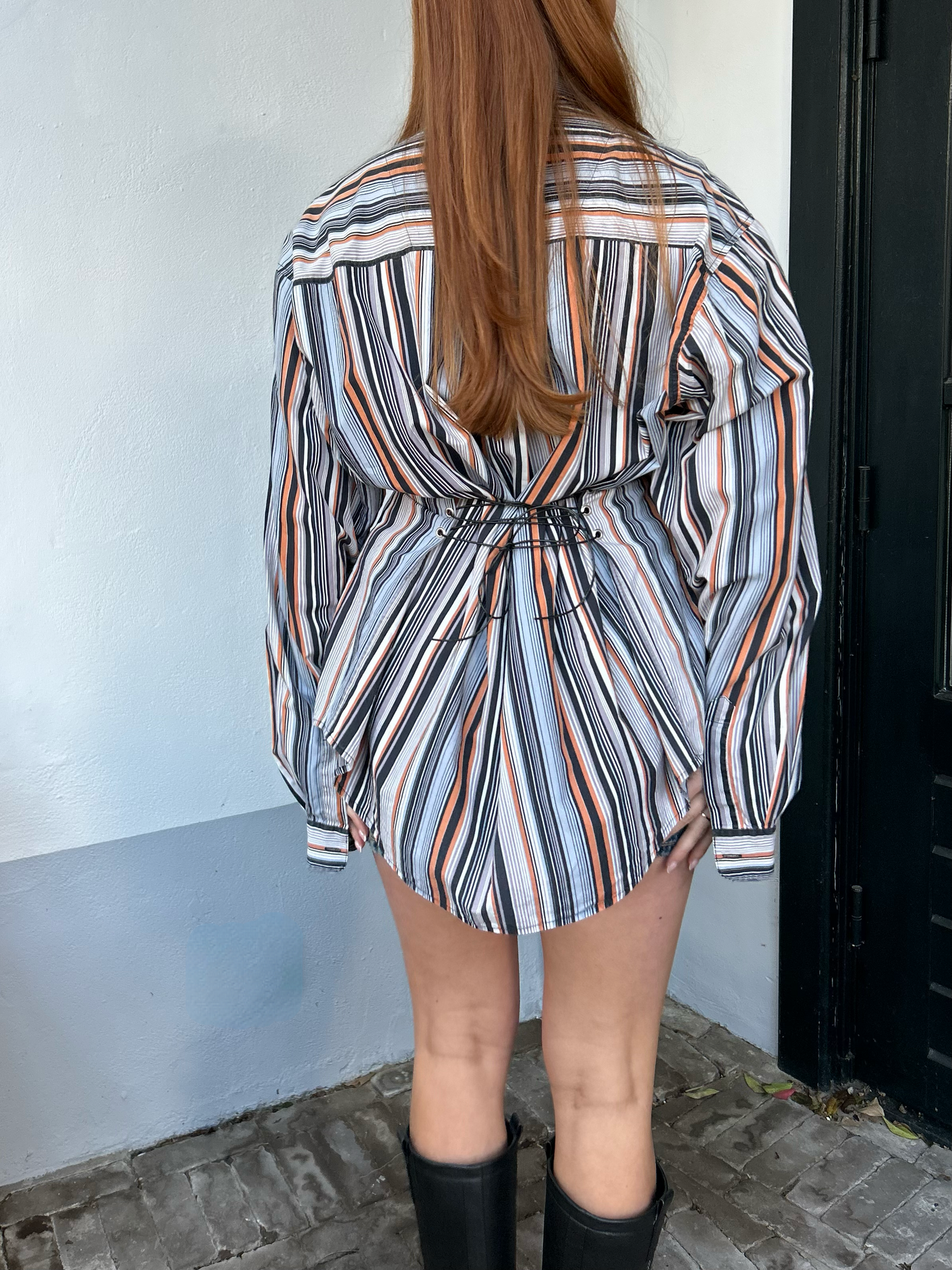 Blouse With An Adjustable Tight Waist Striped Orange