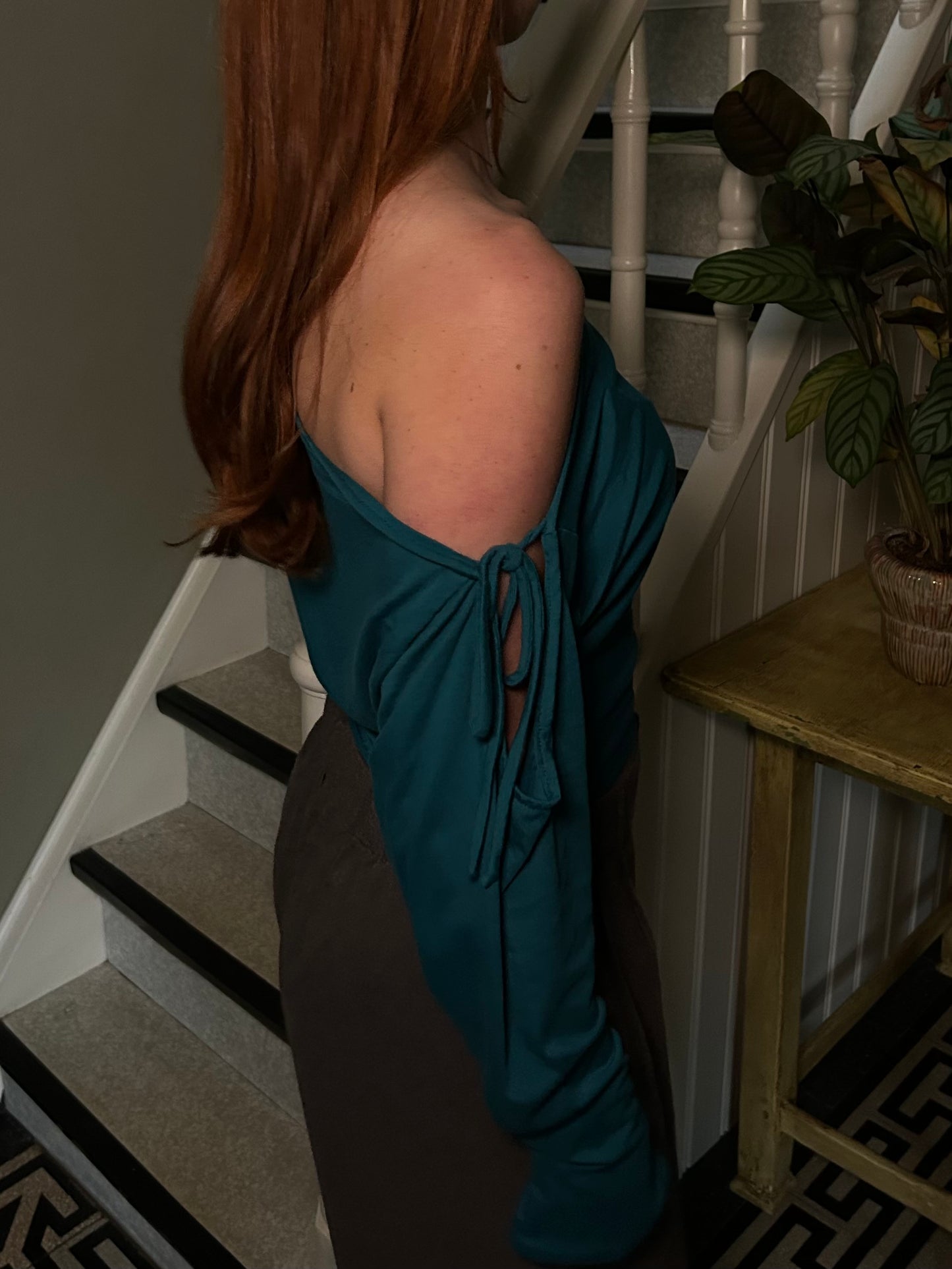 Top Off Shoulder With Bow Tight Waist Blue