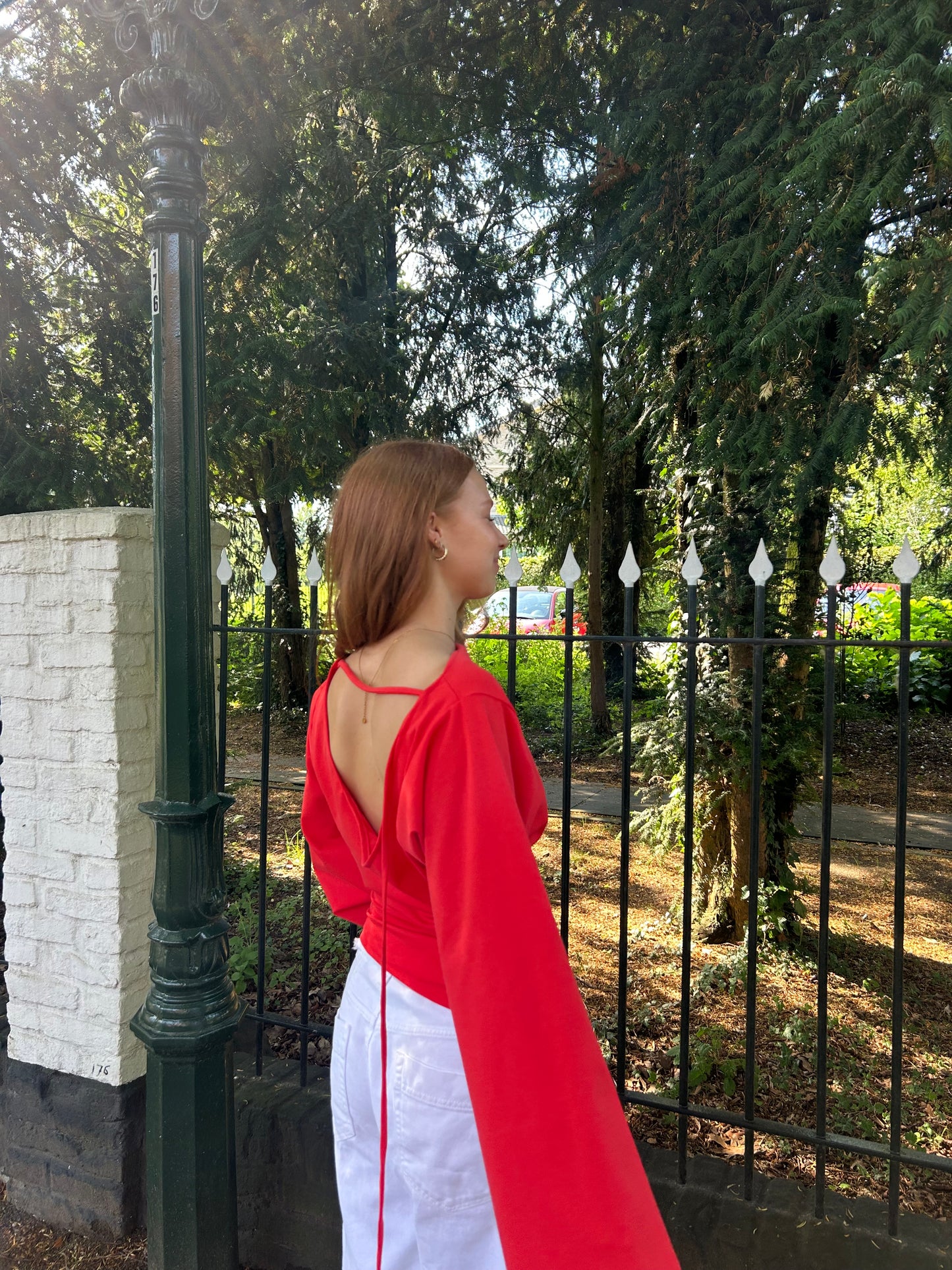Top Wide Sleeves Tight Waist Coral