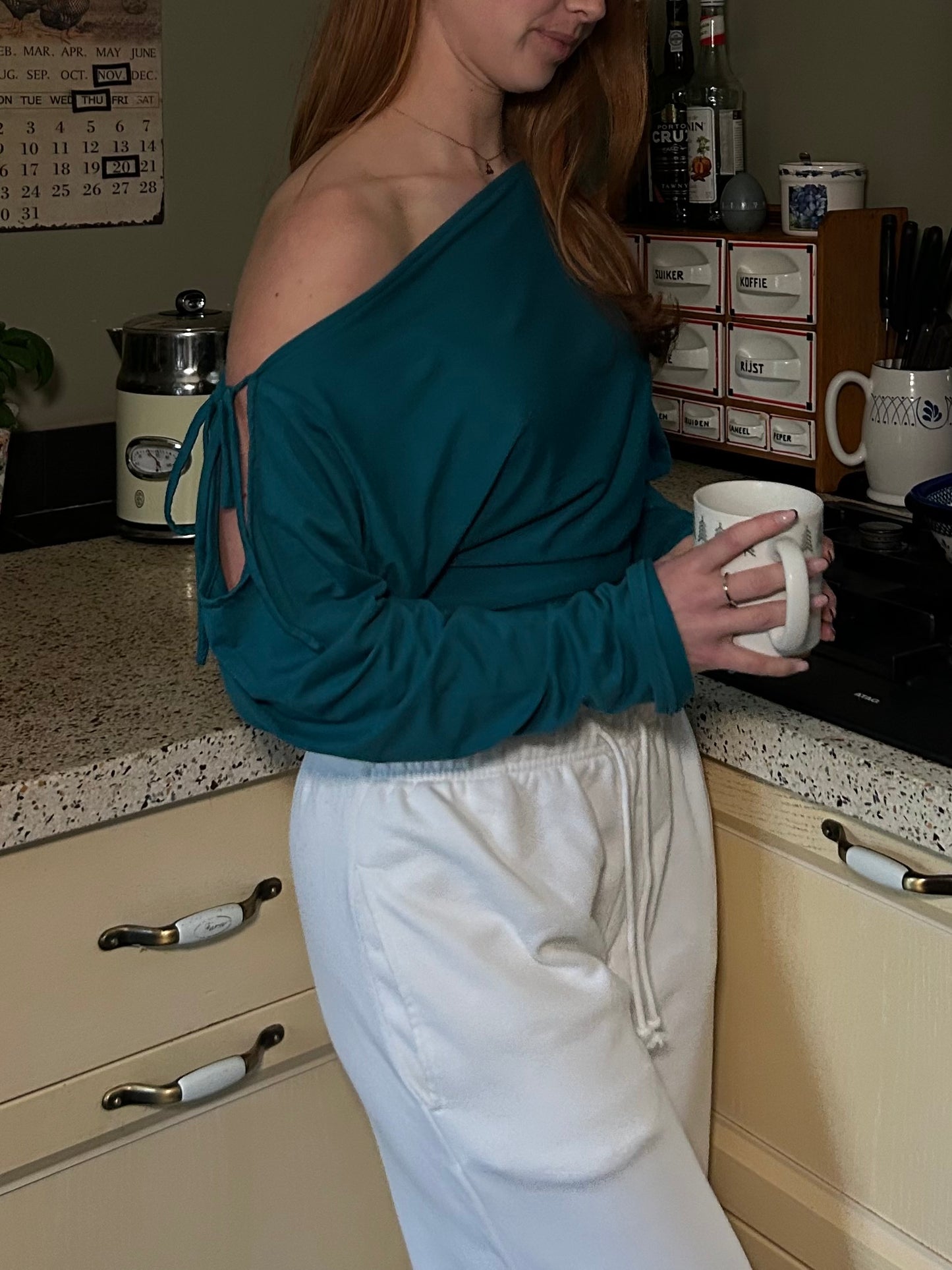 Top Off Shoulder With Bow Tight Waist Blue