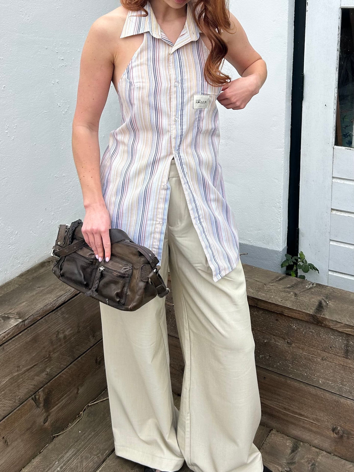 Reworked Backless Blouse Green Striped
