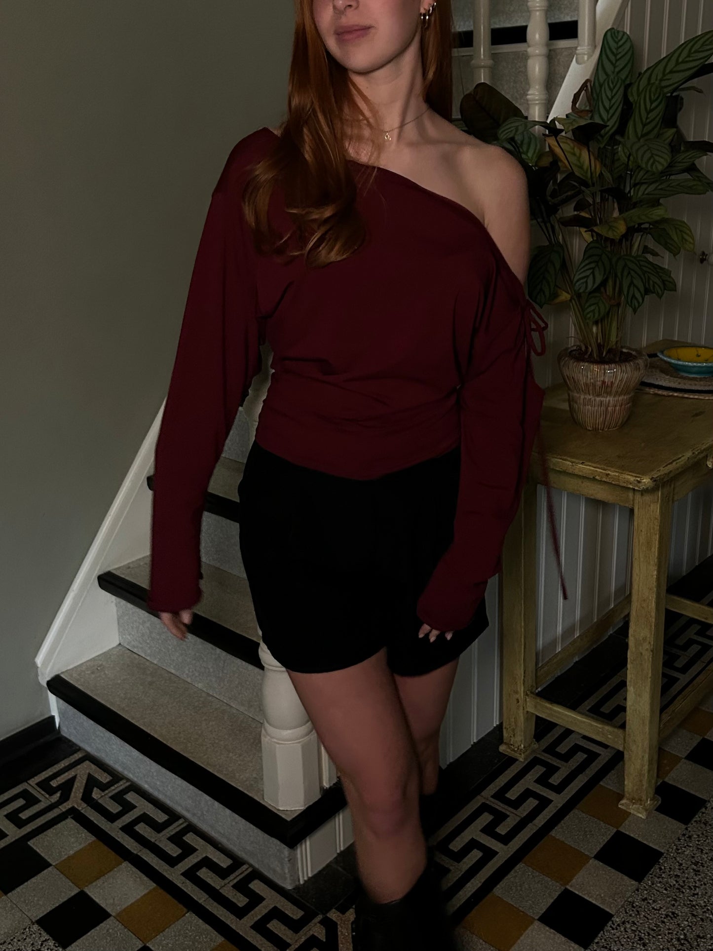 Top Off Shoulder With Bow Tight Waist Cherry