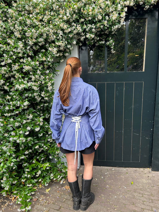 Reworked Blouse With An Adjustable Tight Waist Striped Blue