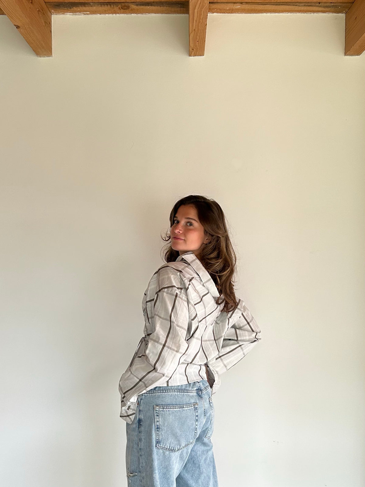 Reworked Blouse With Adjustable Straps Checkered Blue